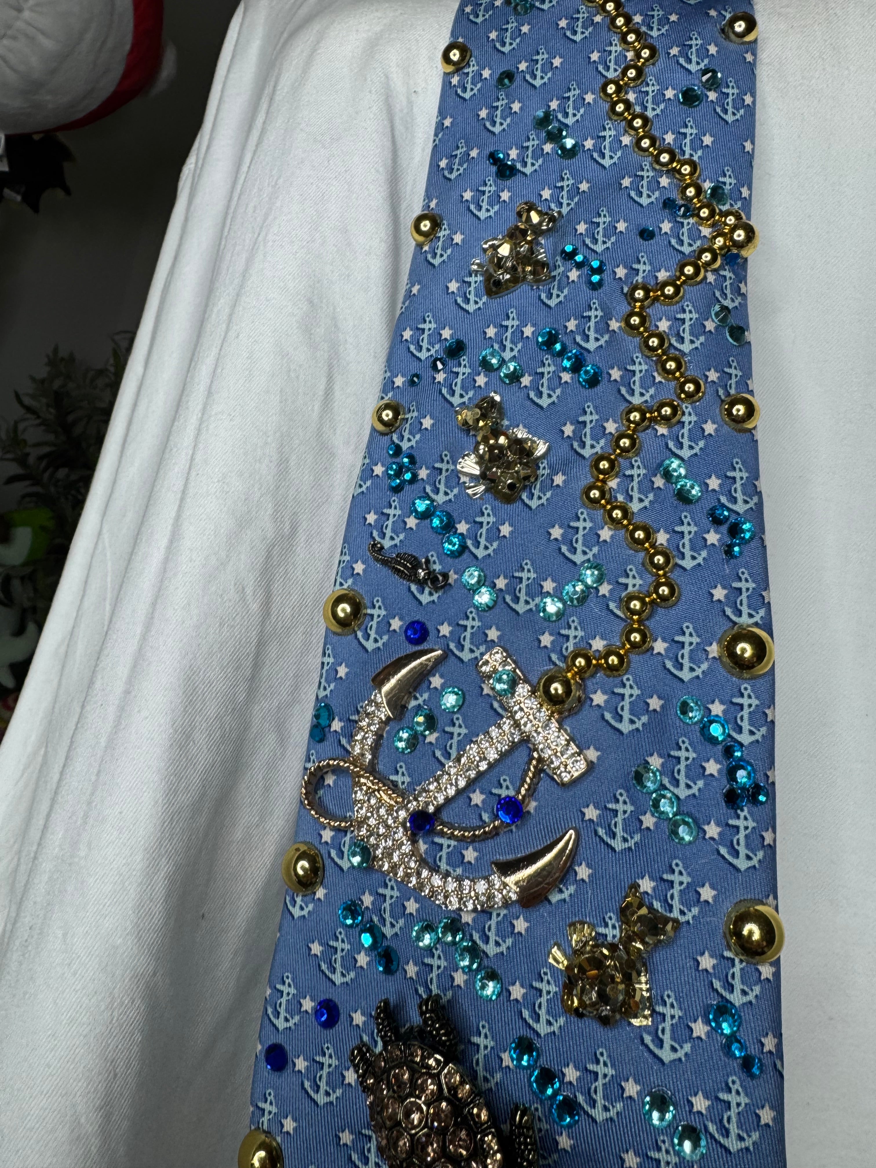 Light Blue Anchor Print Ocean Floor Diamond Anchor Nautical Royalty Tie