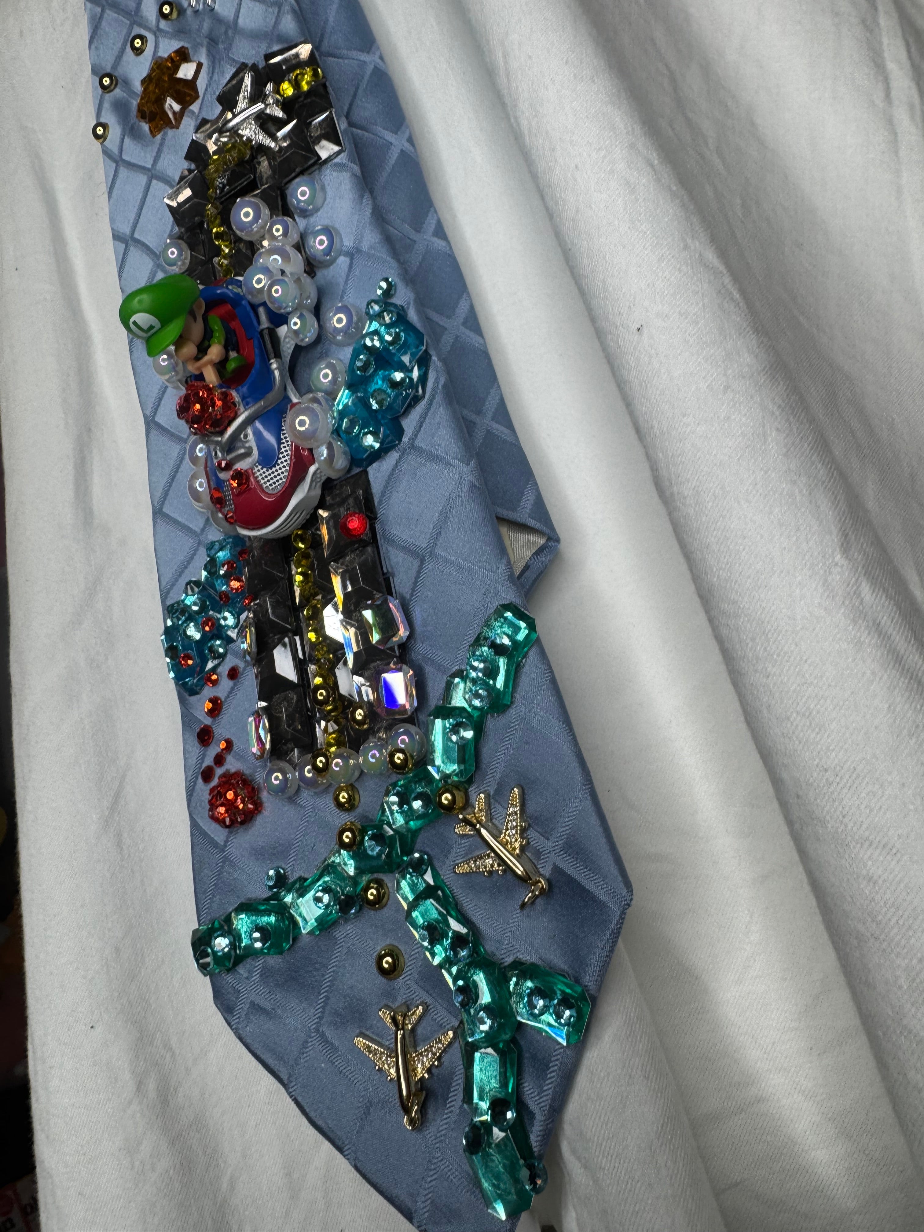 Sky Blue Baby Luigi About to Take Fly On Sunshine Airport 200cc Mario Kart Tie