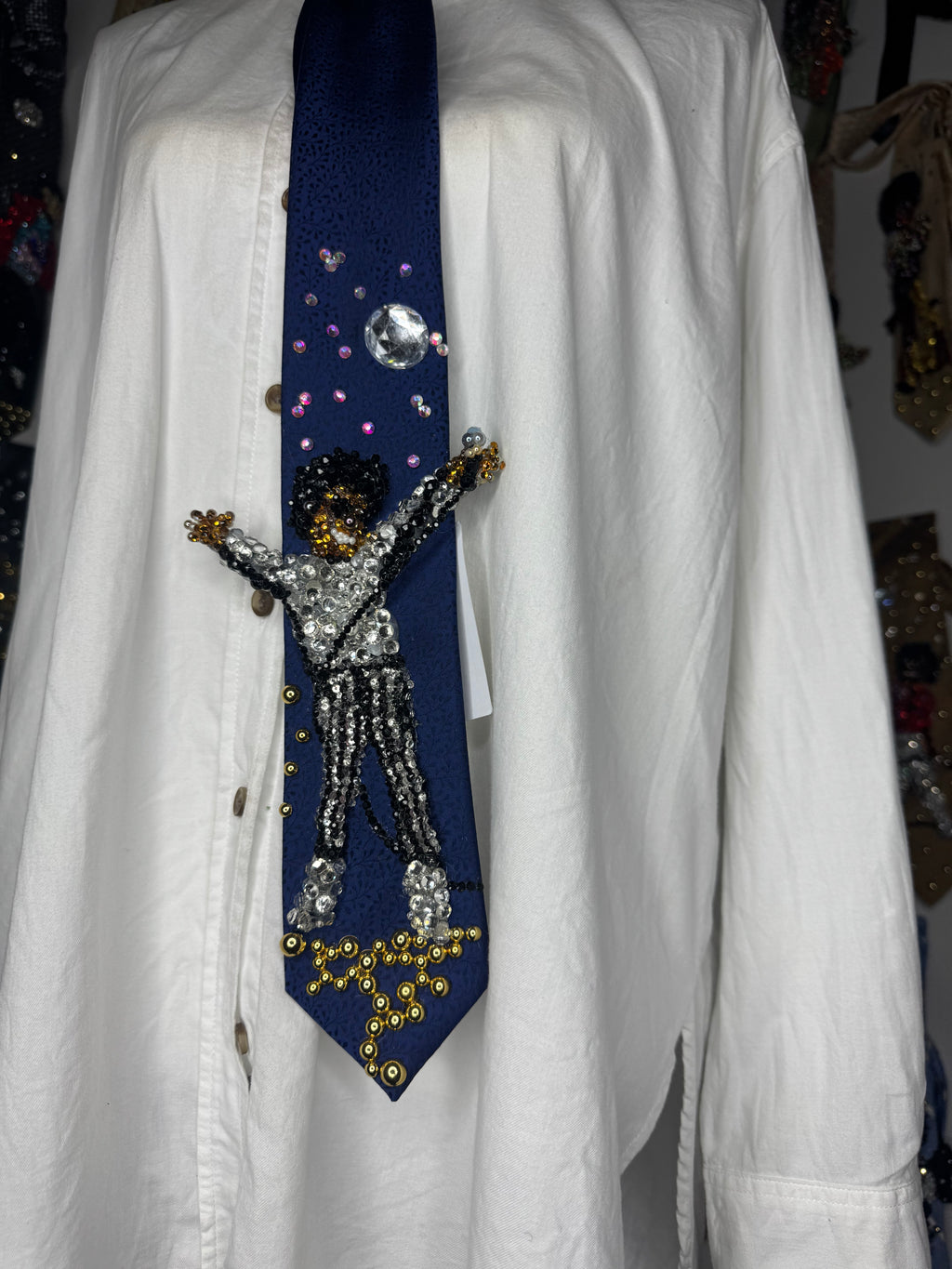 Navy Blue Floral Print Michael Jackson Hitting Star Body Pose While Performing Rock With You Live Tie