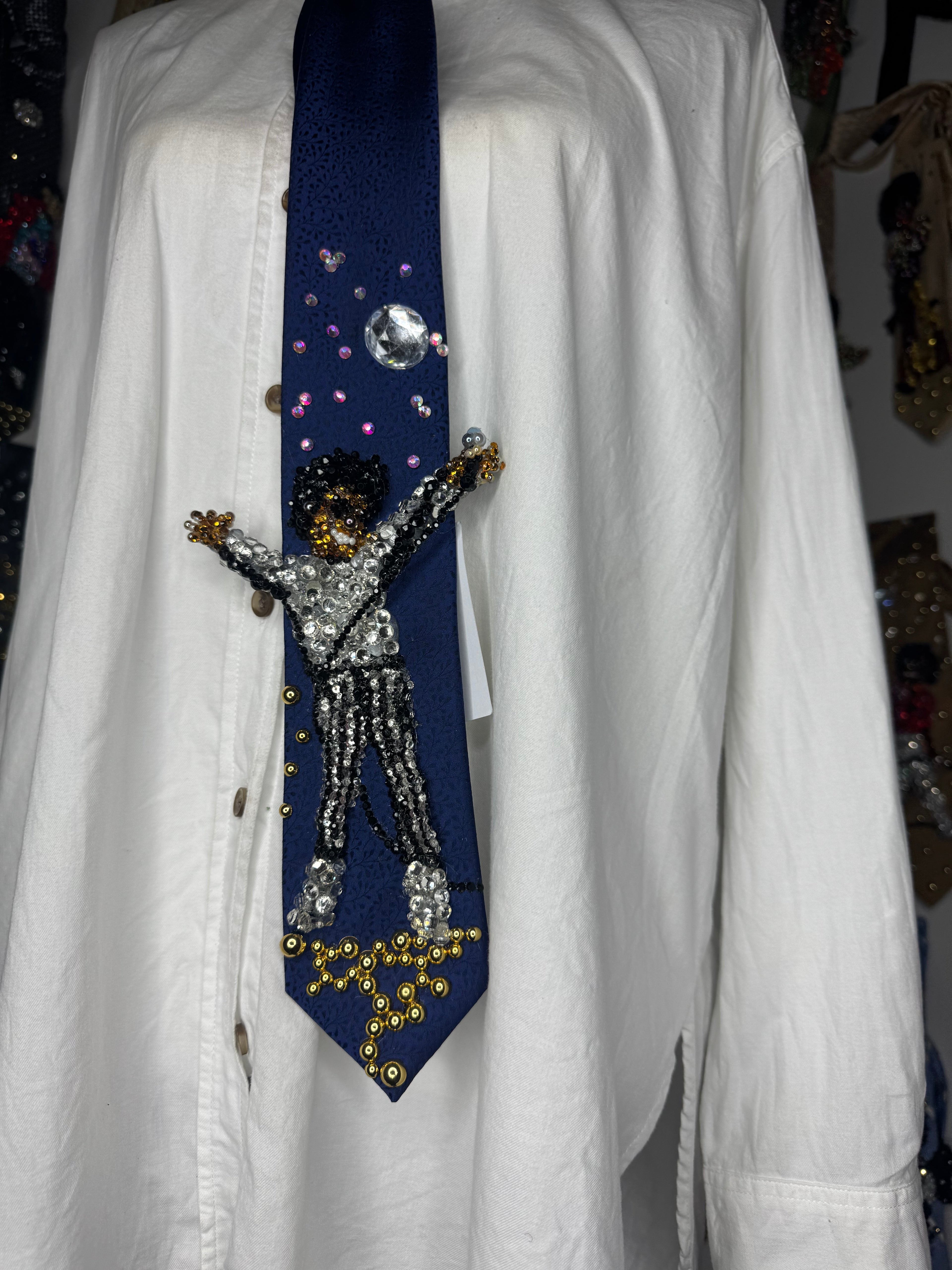 Navy Blue Floral Print Michael Jackson Hitting Star Body Pose While Performing Rock With You Live Tie