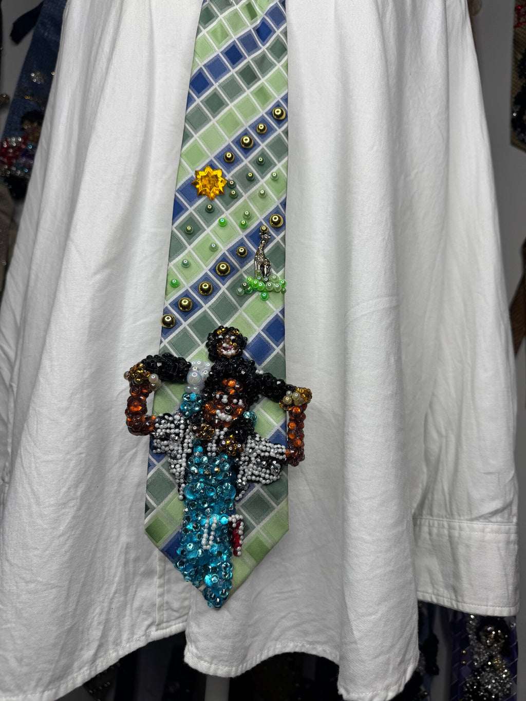Green and Blue Box Striped Michael Jackson Smiling With Bubbles on Him and His Exotic Pet Giraffe Tie