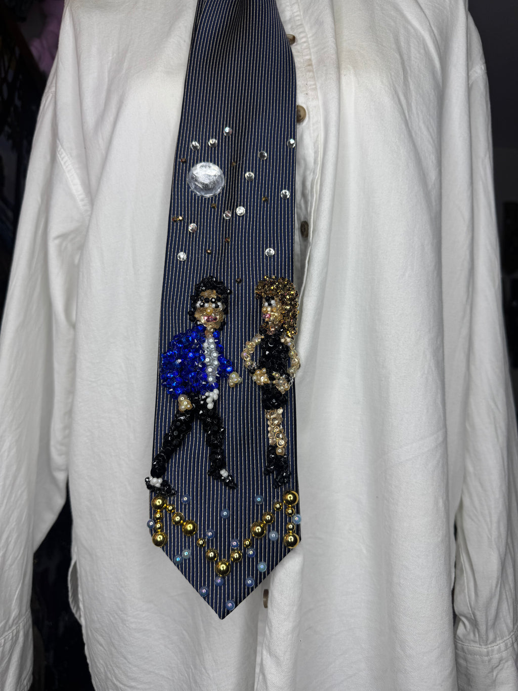 Navy Blue Pinstriped Michael Jackson Flirting With Tatiana Thumbtzen in The Way You Make Me Feel Music Video Tie