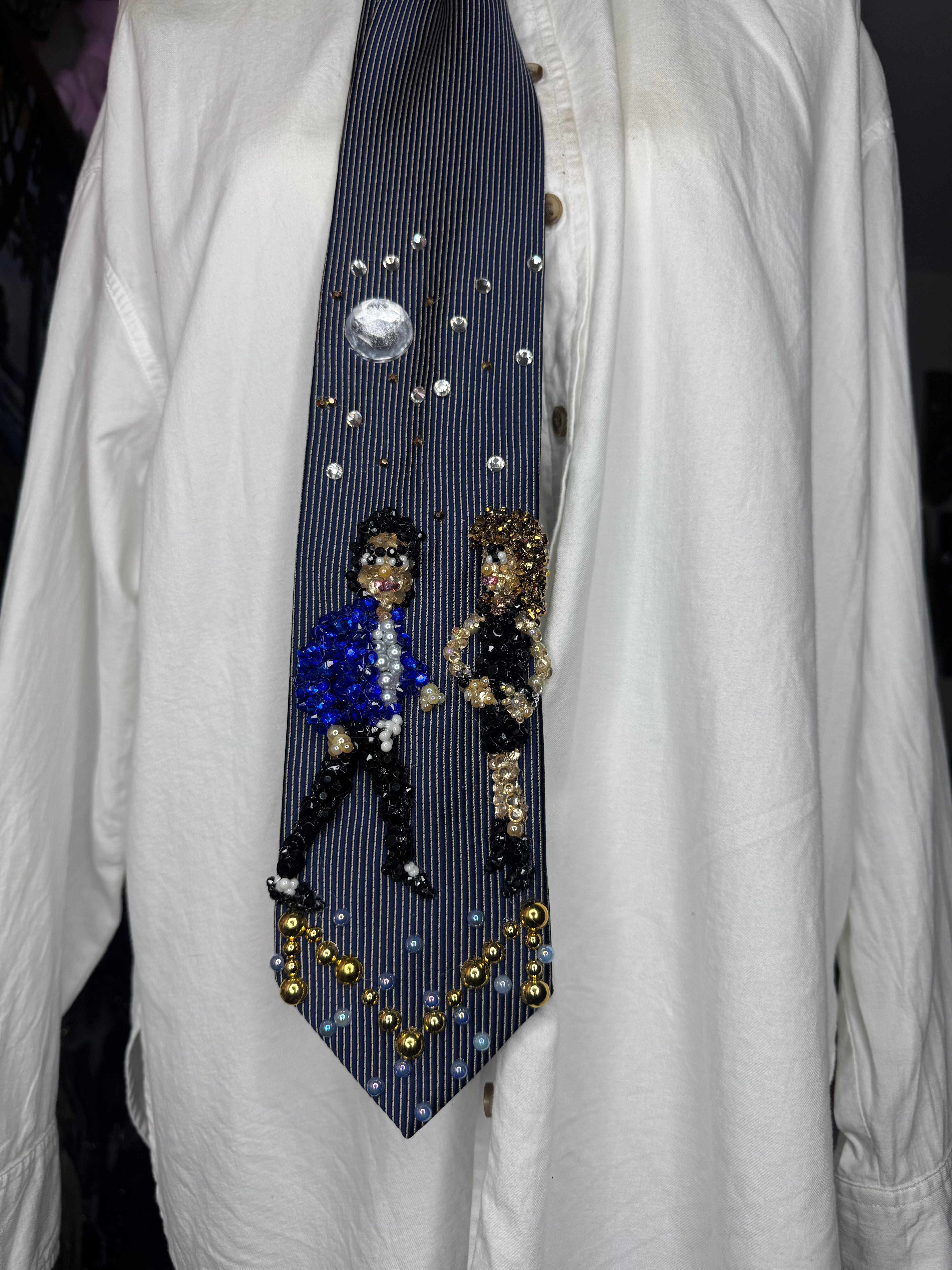 Navy Blue Pinstriped Michael Jackson Flirting With Tatiana Thumbtzen in The Way You Make Me Feel Music Video Tie