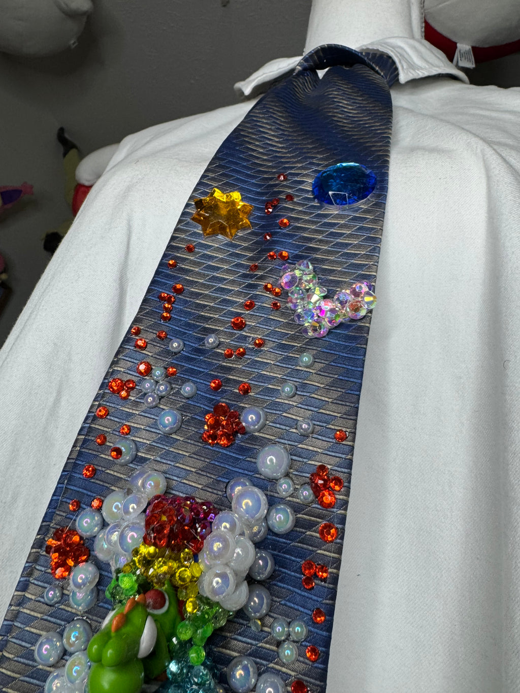 Navy Blue and Grey Yoshi Activating Star Power Near Fireballs Mario Kart Tie
