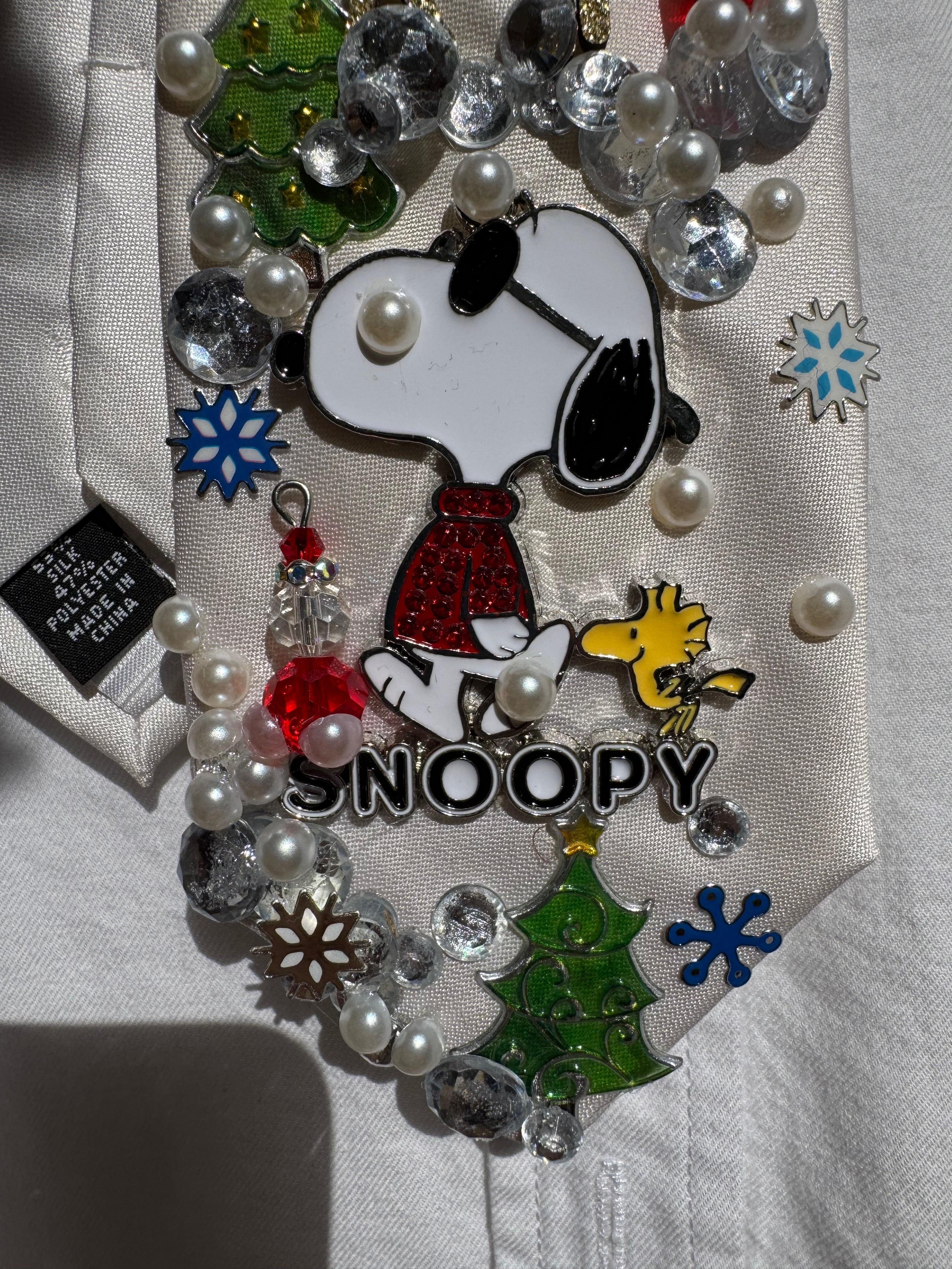 White Snoopy and Woodstock Walking Through Winterland Christmas Tie