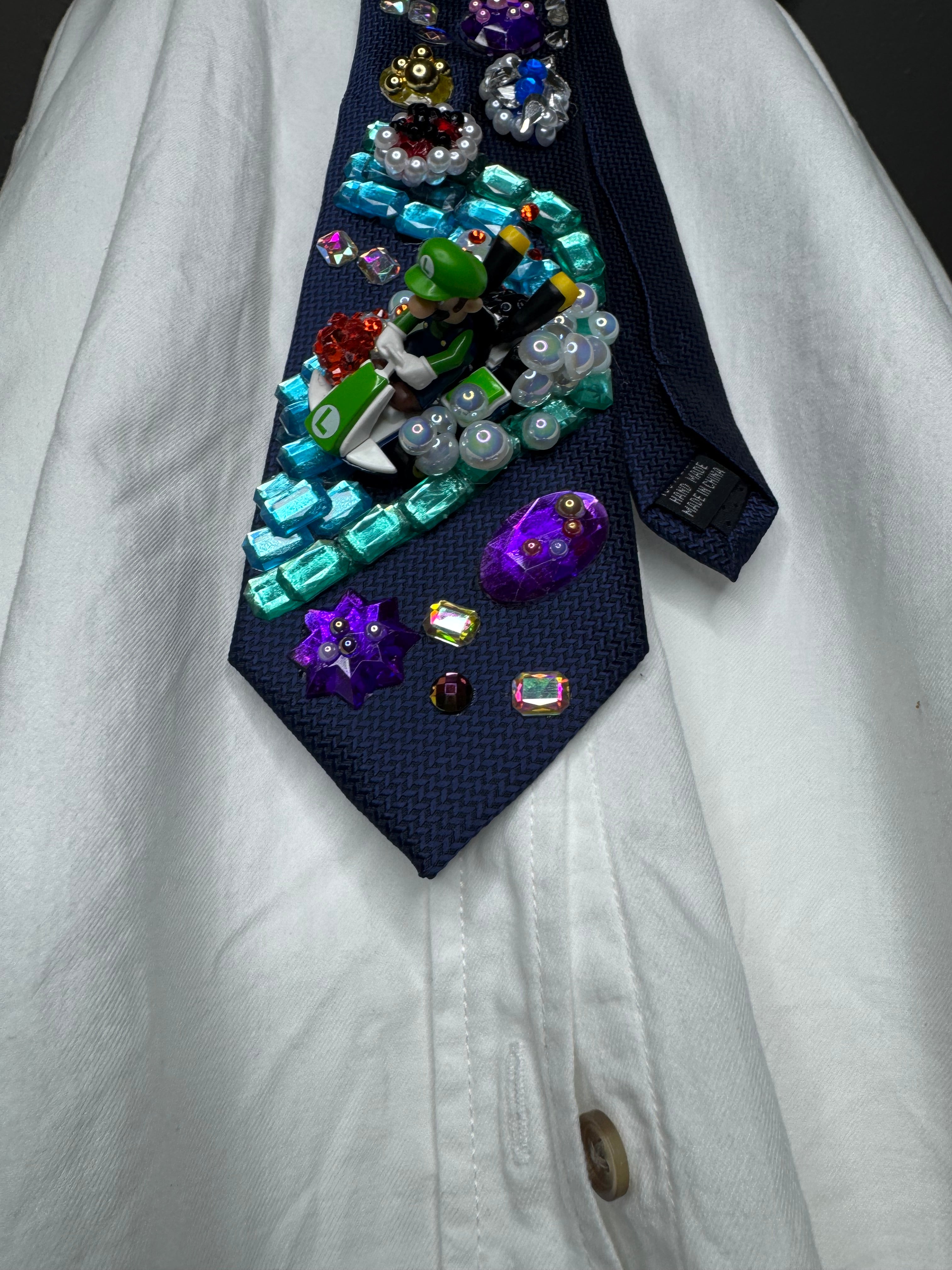 Navy Blue Luigi Dodging Blue and Red Shell On Icy Glacier Road 200cc Mario Kart Tie