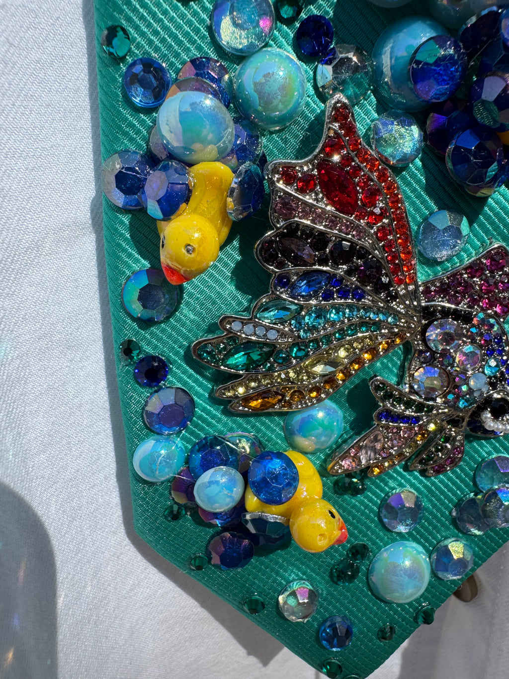 Coral Blue Stitch Swimming In Pond With Rainbow Koi and Ducks Tie