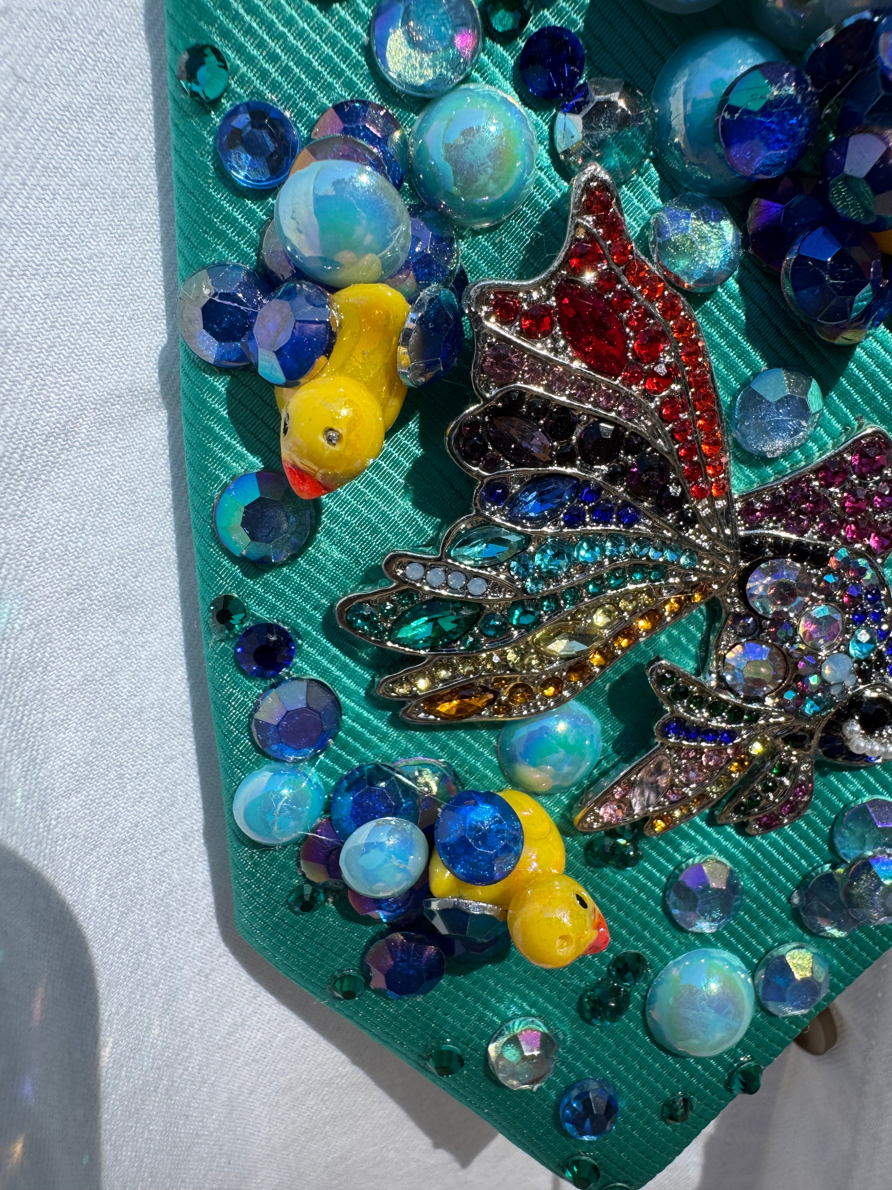 Coral Blue Stitch Swimming In Pond With Rainbow Koi and Ducks Tie