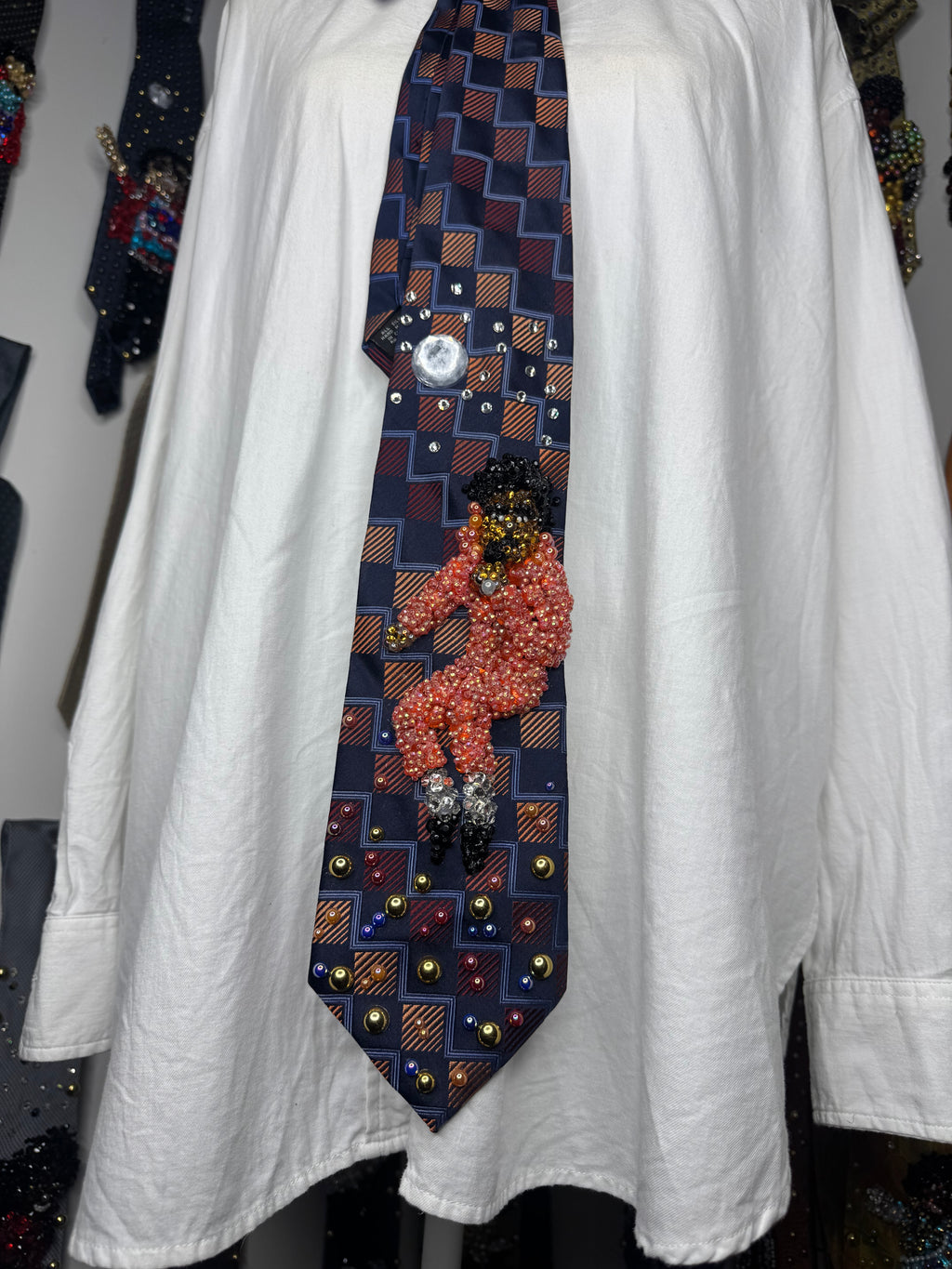 Navy Blue and Orange Michael Jackson in the Air in Peach Space Jumpsuit Singing Workin Day n Night on Victory Tour 1984 Tie