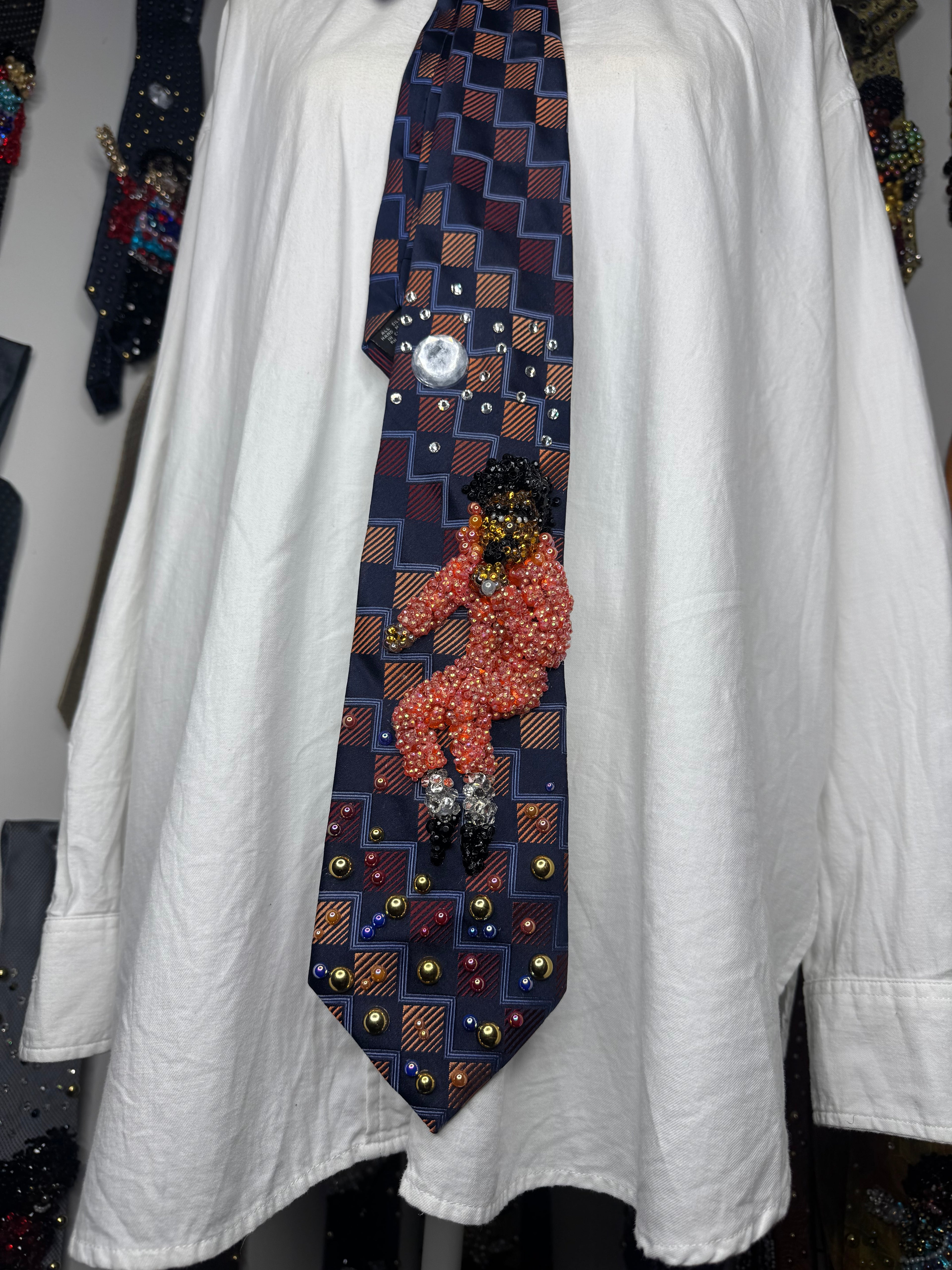 Navy Blue and Orange Michael Jackson in the Air in Peach Space Jumpsuit Singing Workin Day n Night on Victory Tour 1984 Tie