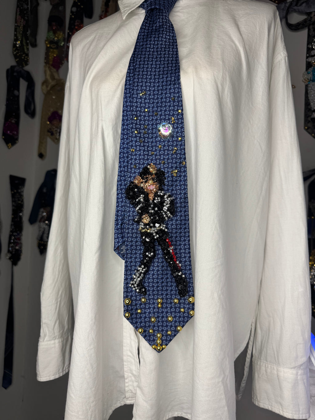 Navy Blue Michael Jackson Arms Over Face and Chest Pose Bad Music Video Tie
