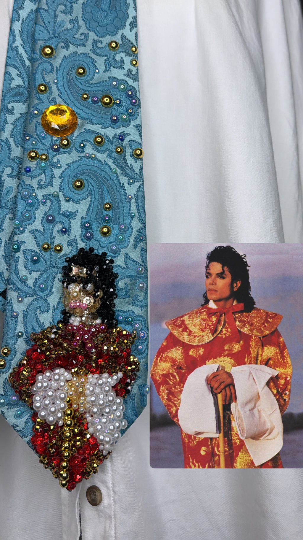 Light Blue Paisley Michael Jackson in Red and Gold Chinese Royalty Outfit During His China Tour Bad Era Tie