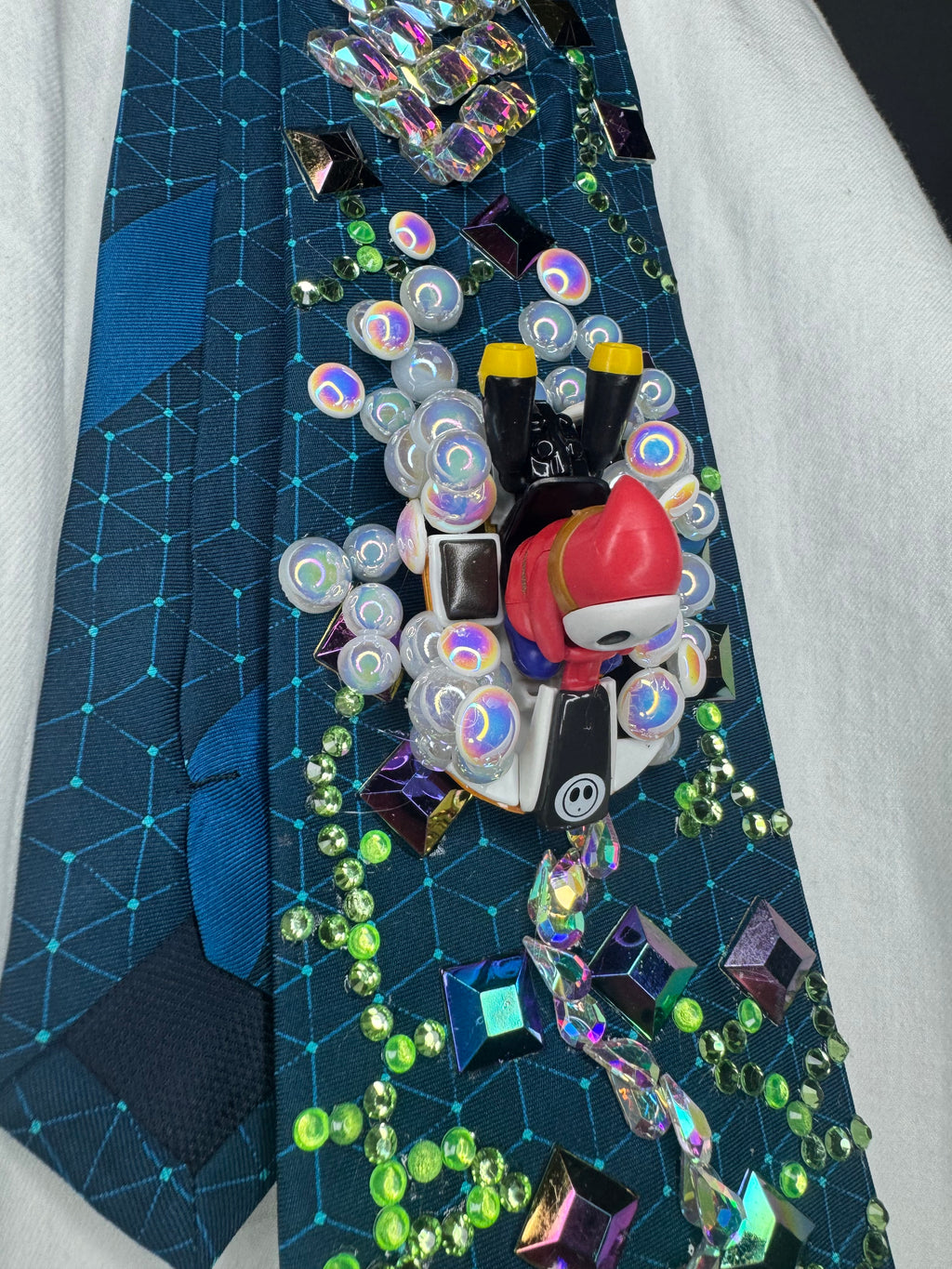 Dark Turquoise Shy Guy Throwing Blue Shell on Computer Chip Road 200cc Mario Kart Tie