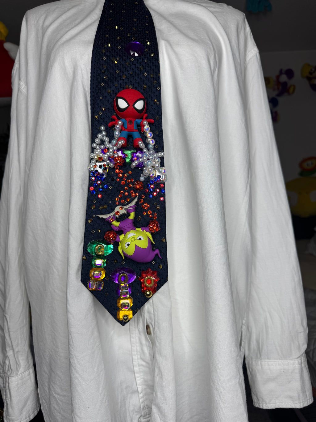 Navy Blue Spiderman Vs Green Goblin in the Head of the Moment in the City Tie