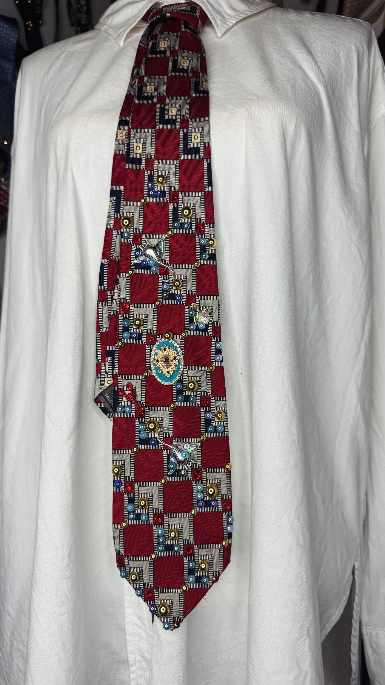 Red Checkered Tropical Treasure Box Ocean Floor Royalty Tie