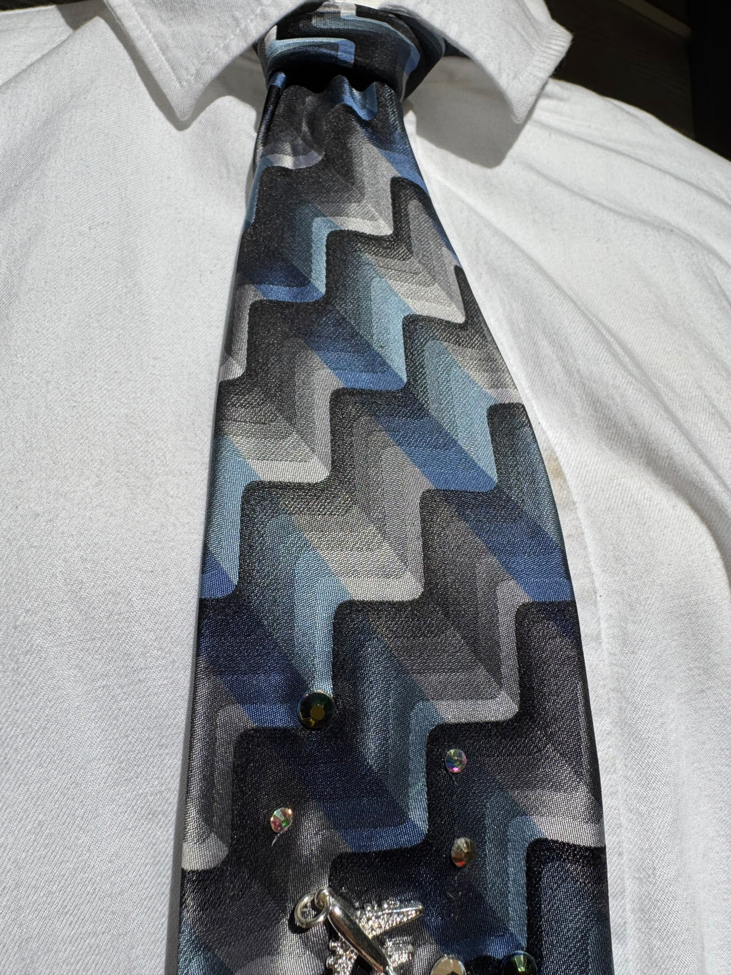 Navy Blue and Grey Wavy Spiderman Saving Paris France from Supercharged Godzilla Tie