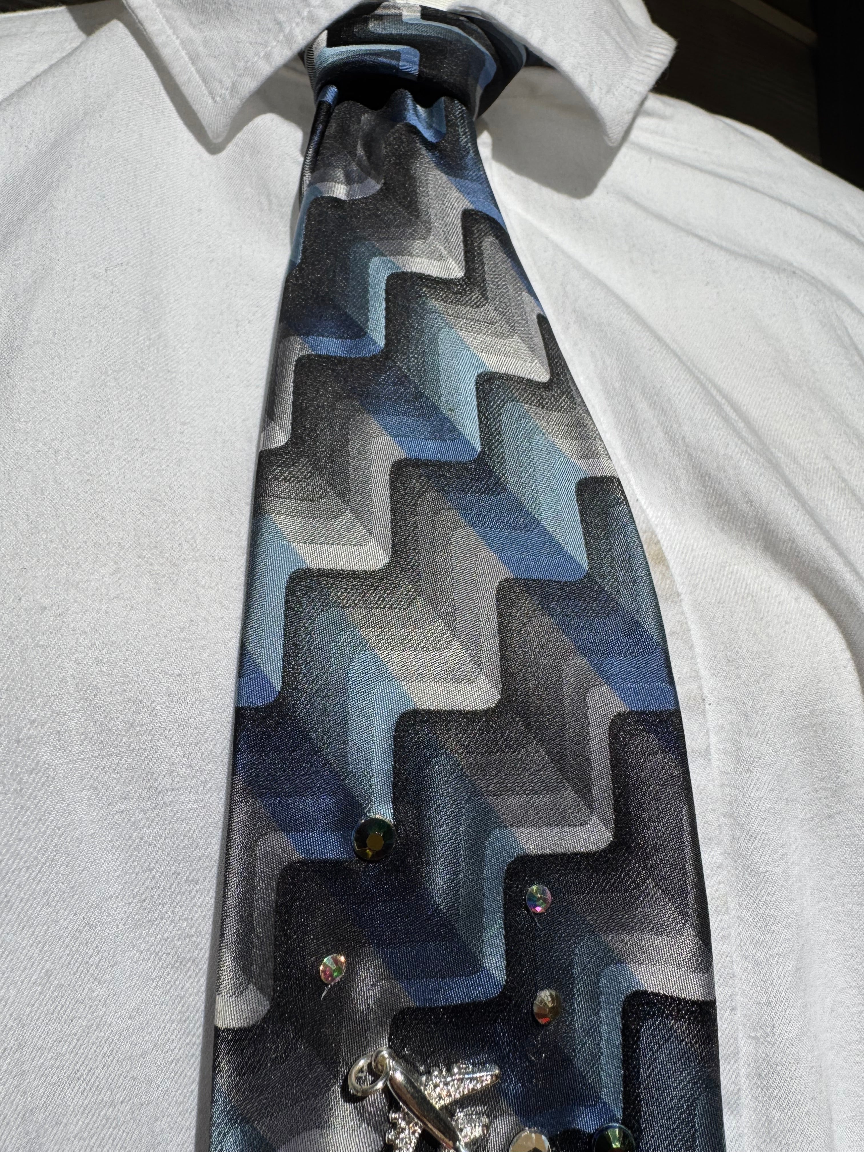Navy Blue and Grey Wavy Spiderman Saving Paris France from Supercharged Godzilla Tie