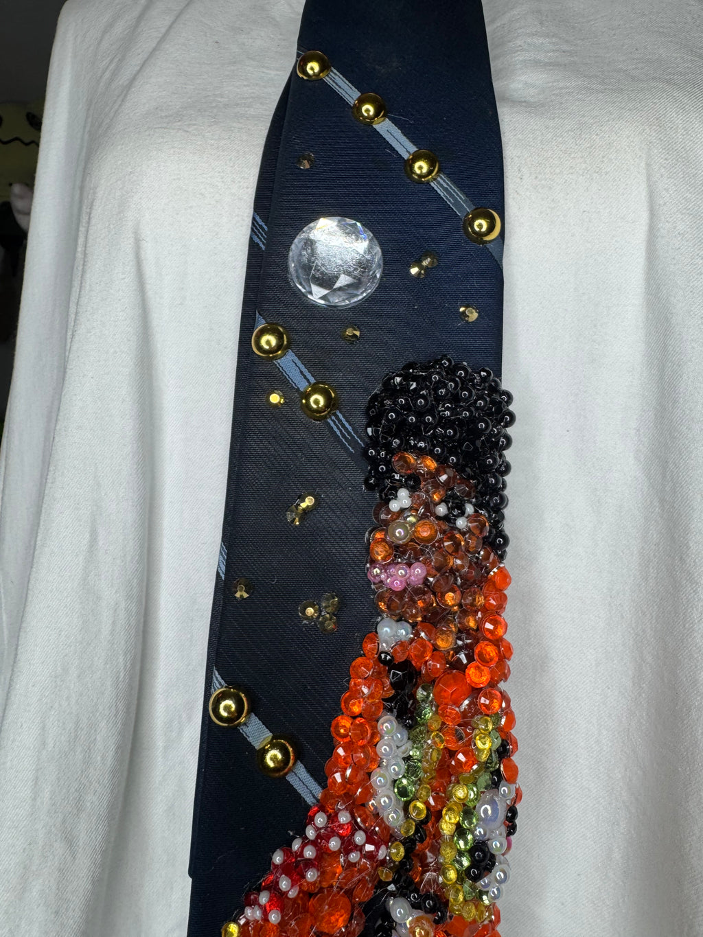Navy Blue Young Michael Jackson In Orange and Floral Vest Outfit on White Chair 1972 Tie