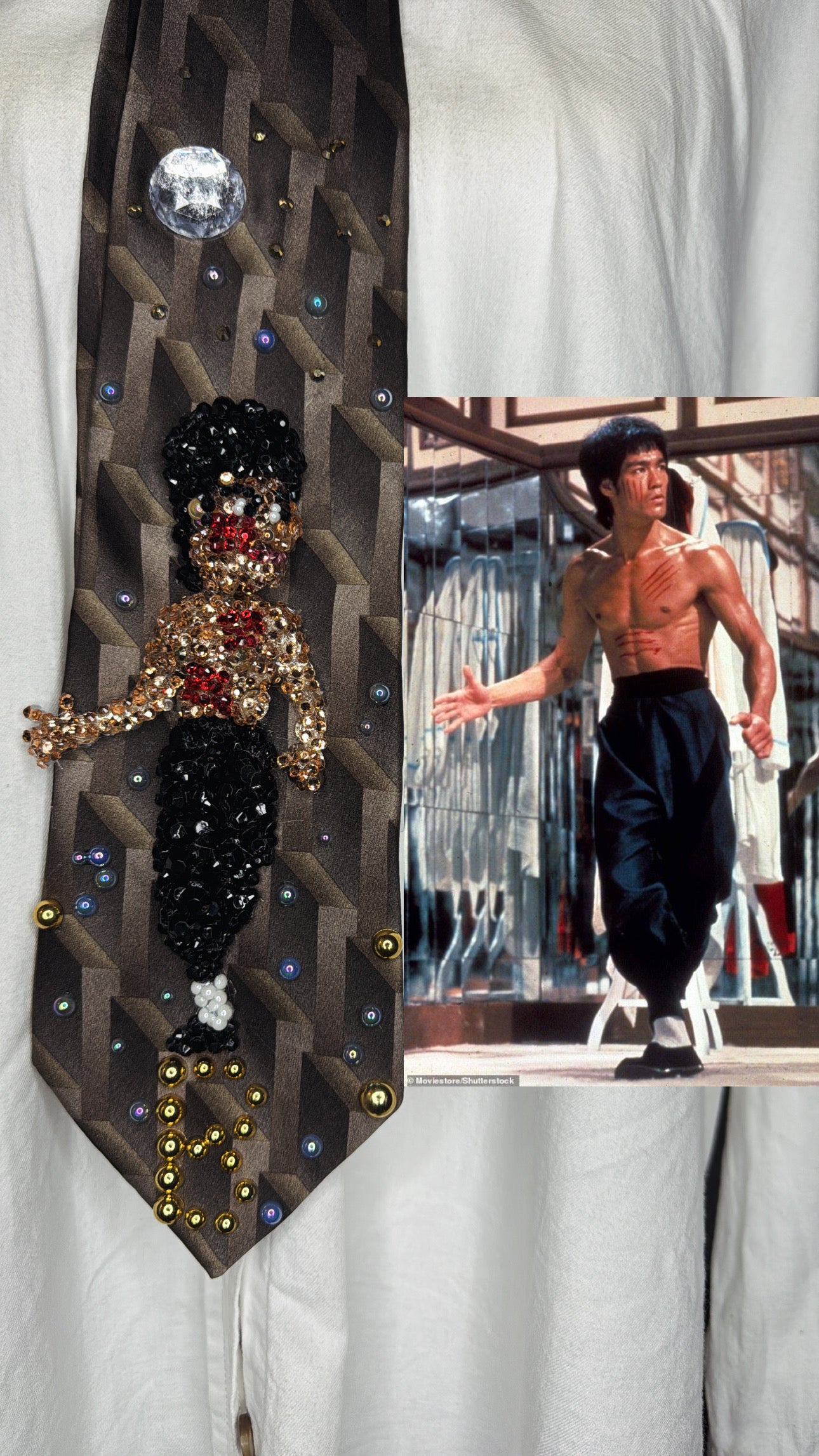 Brown Bruce Lee Fighting Wolverine Hand Enemy in Enter the Dragon Movie 1973 Tie