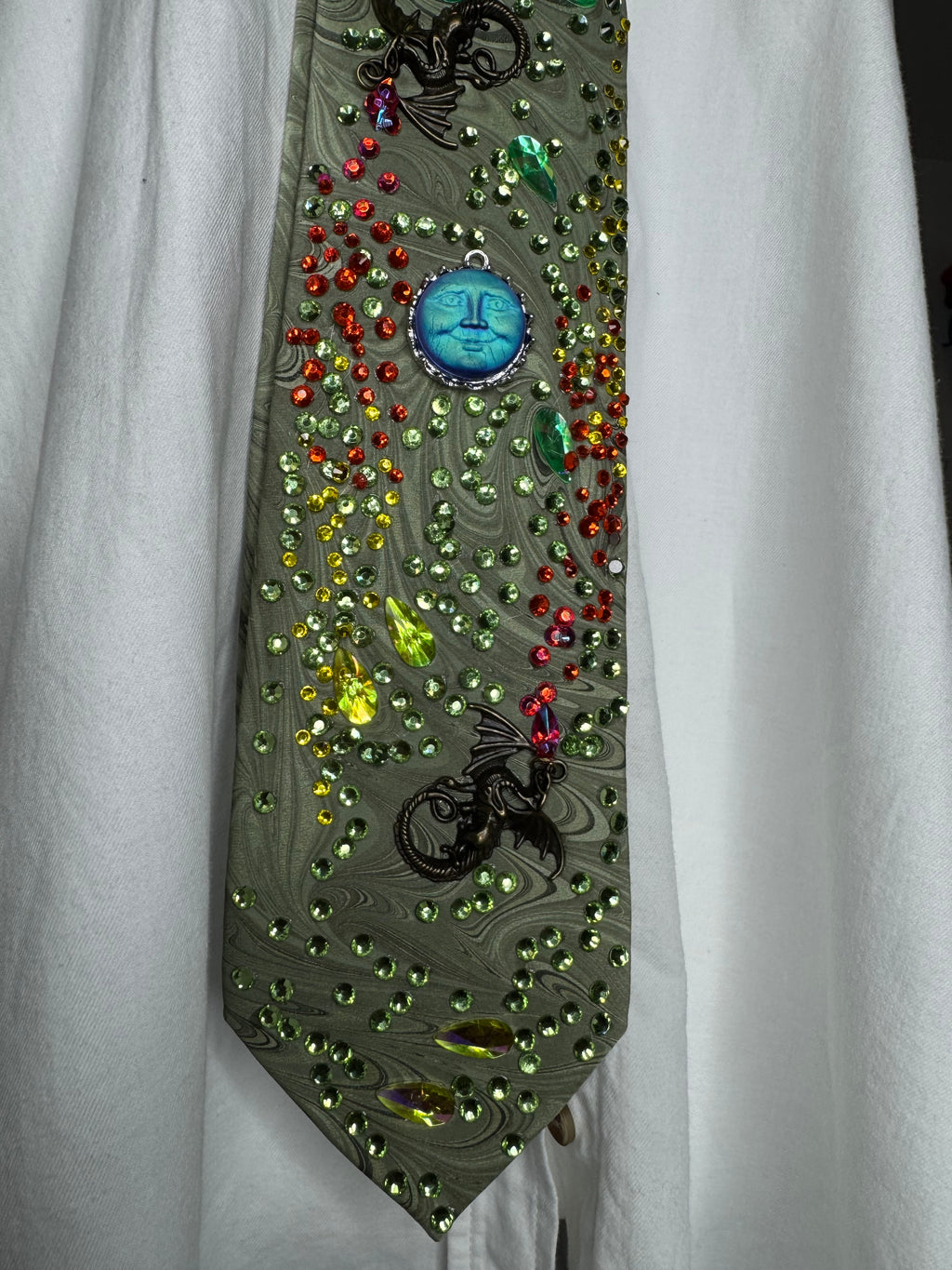 Green Wavy Print Dragons Spitting Flames Neon Sun Royalty Tie