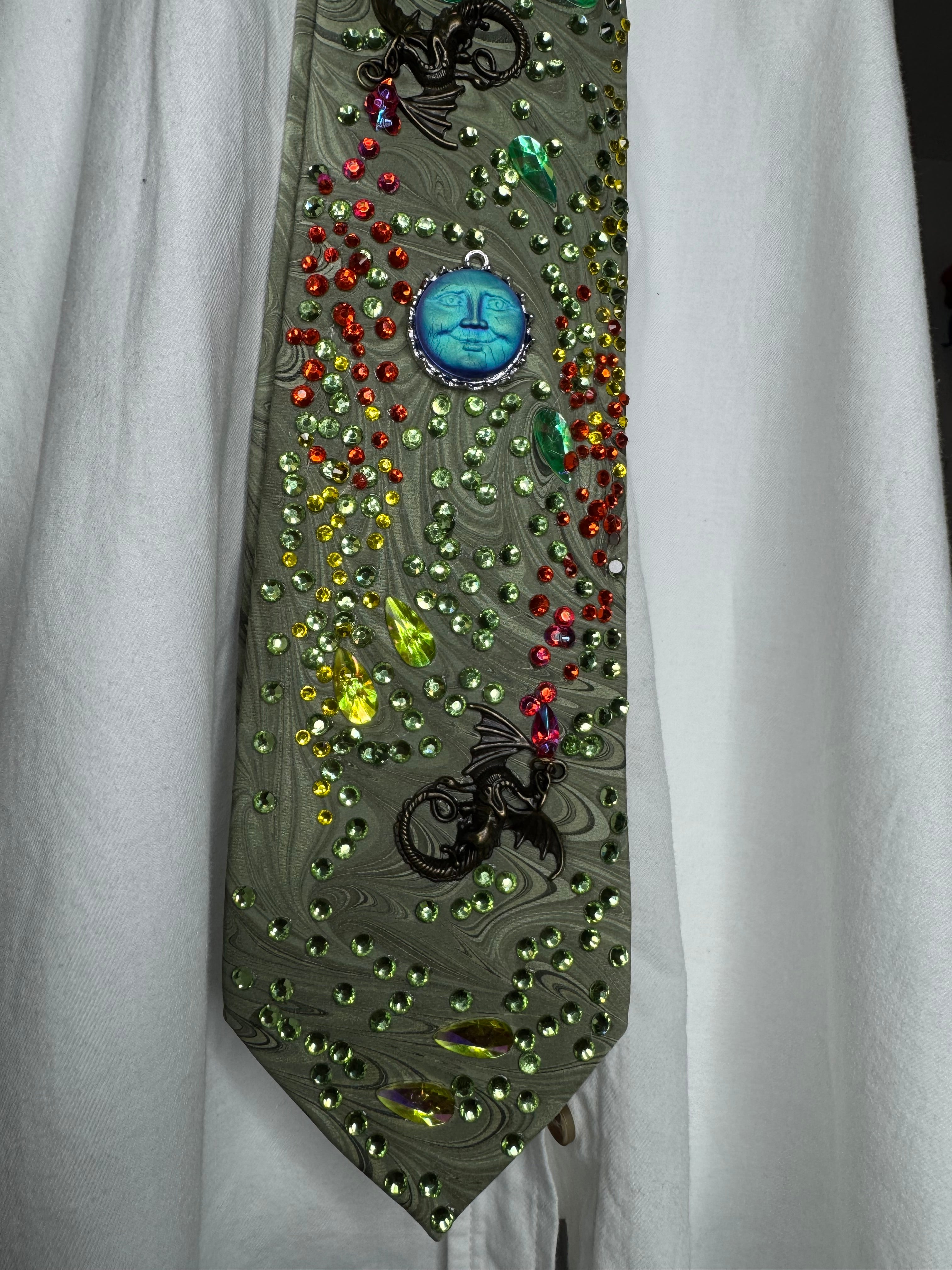 Green Wavy Print Dragons Spitting Flames Neon Sun Royalty Tie