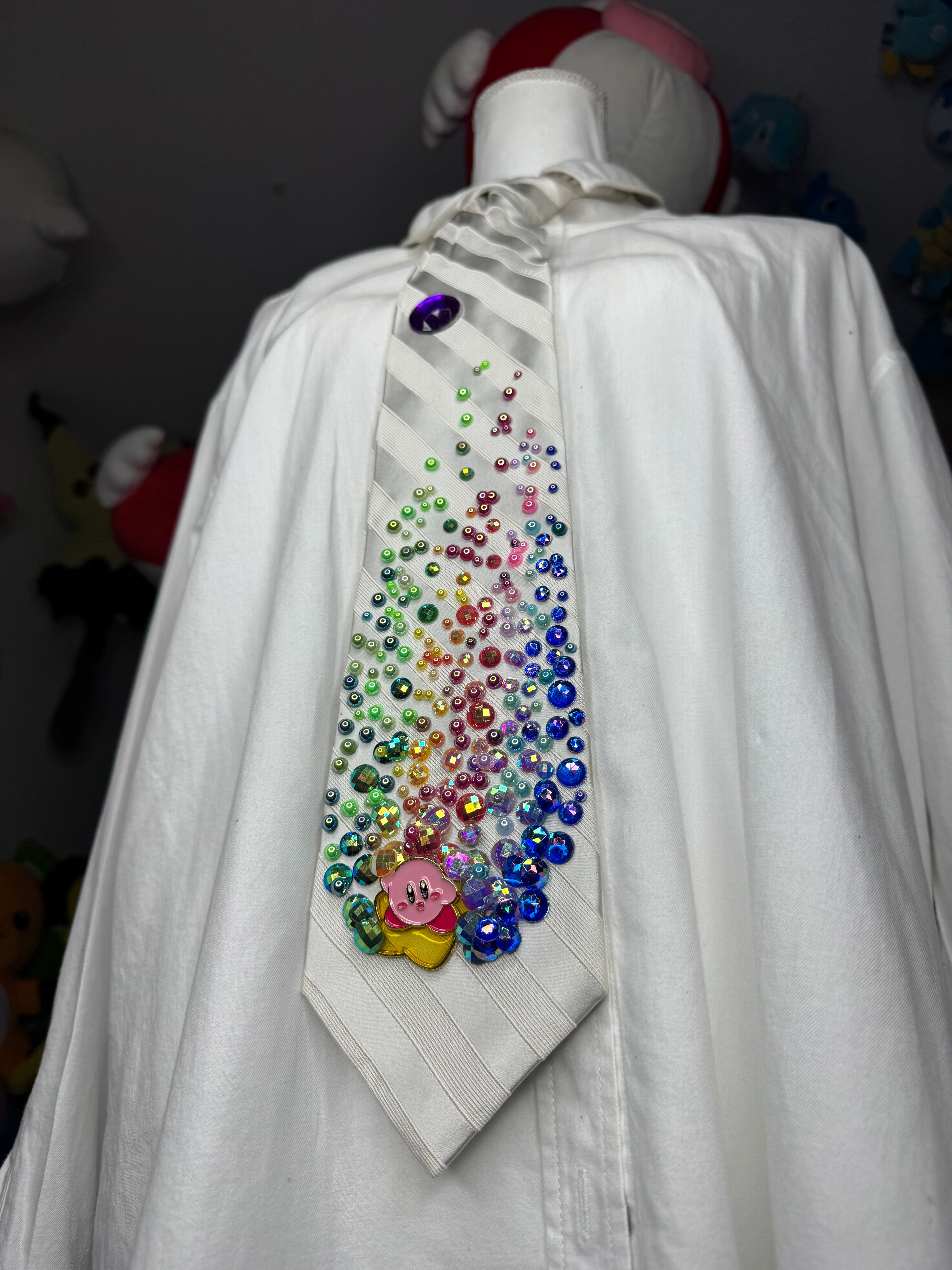 White Striped Kirby on Star Leaving Rainbow Stardust Anime Tie