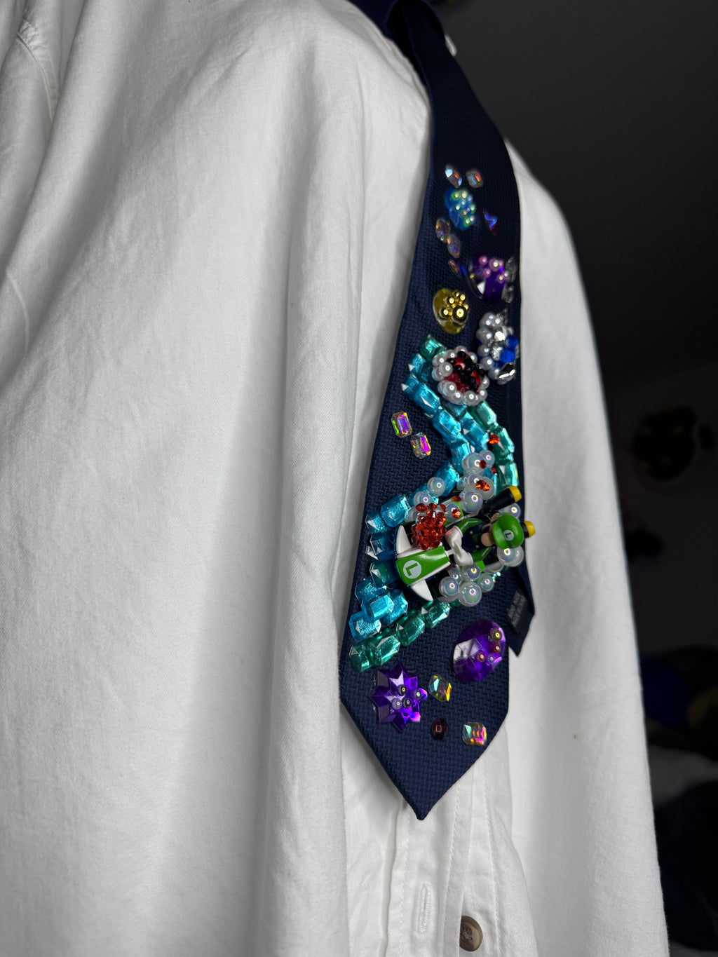 Navy Blue Luigi Dodging Blue and Red Shell On Icy Glacier Road 200cc Mario Kart Tie