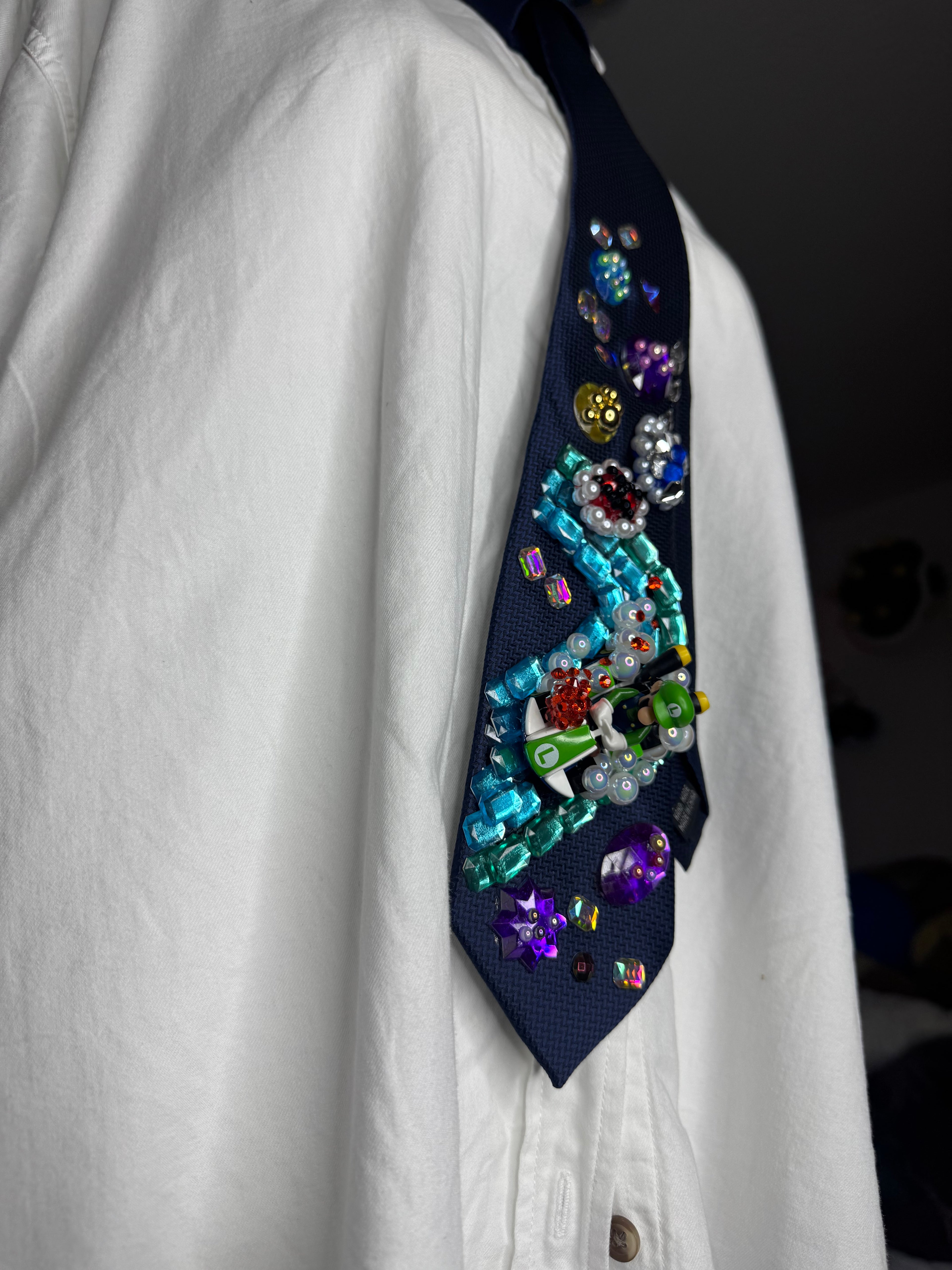 Navy Blue Luigi Dodging Blue and Red Shell On Icy Glacier Road 200cc Mario Kart Tie