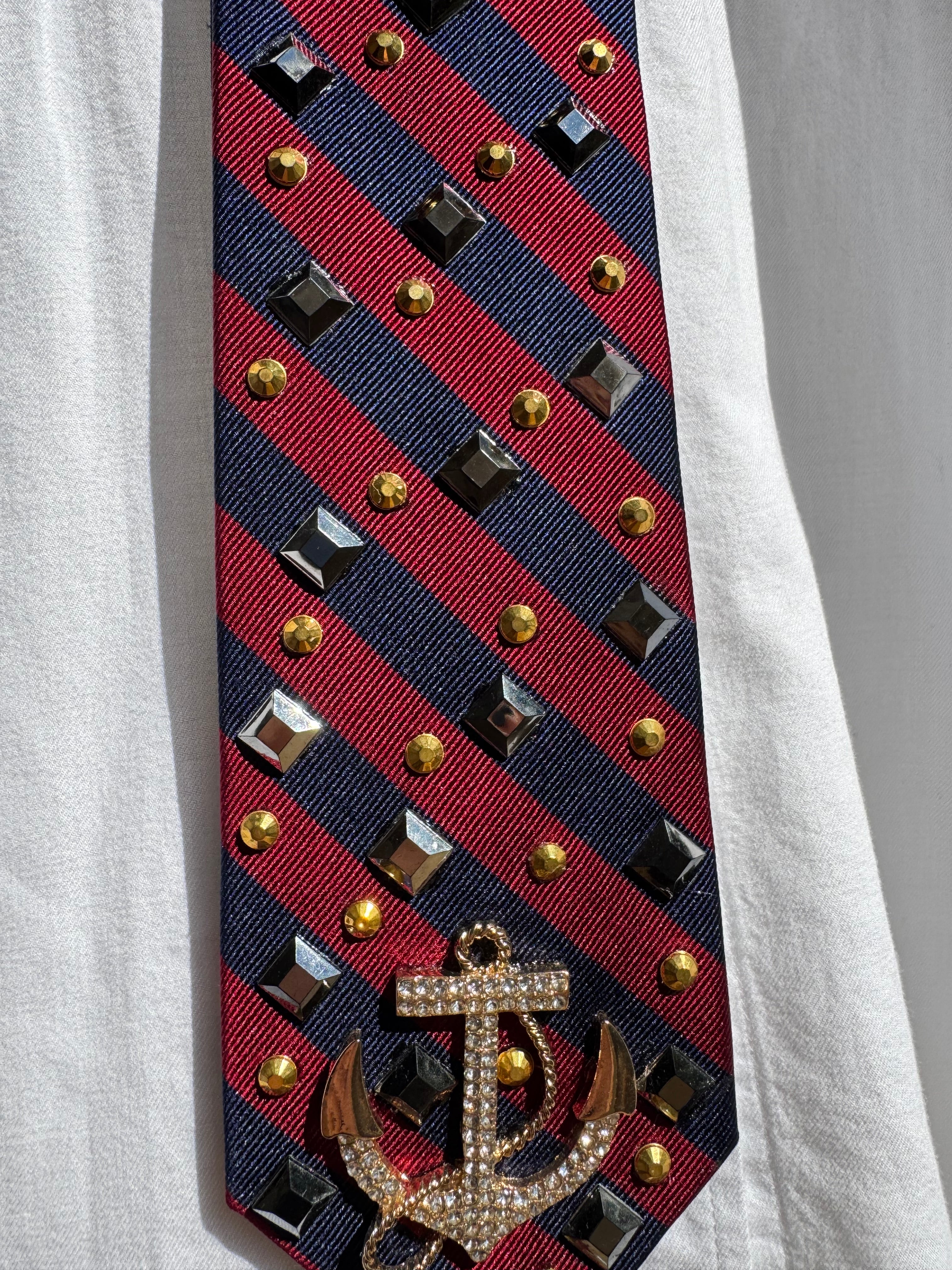 Burgundy and Navy Blue Striped Anchored Royalty Nautical Tie