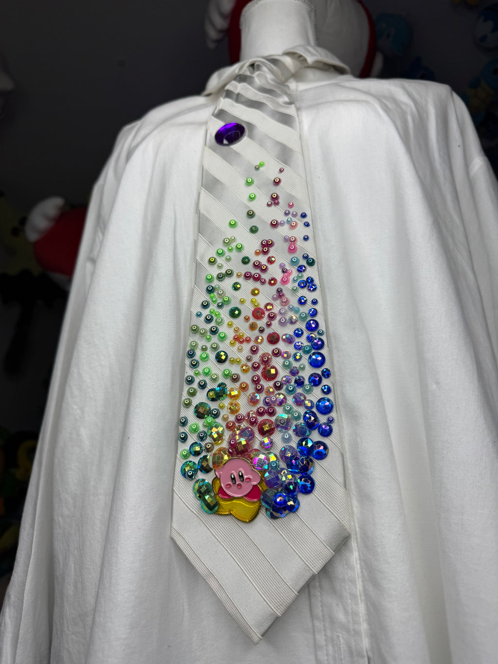 White Striped Kirby on Star Leaving Rainbow Stardust Anime Tie