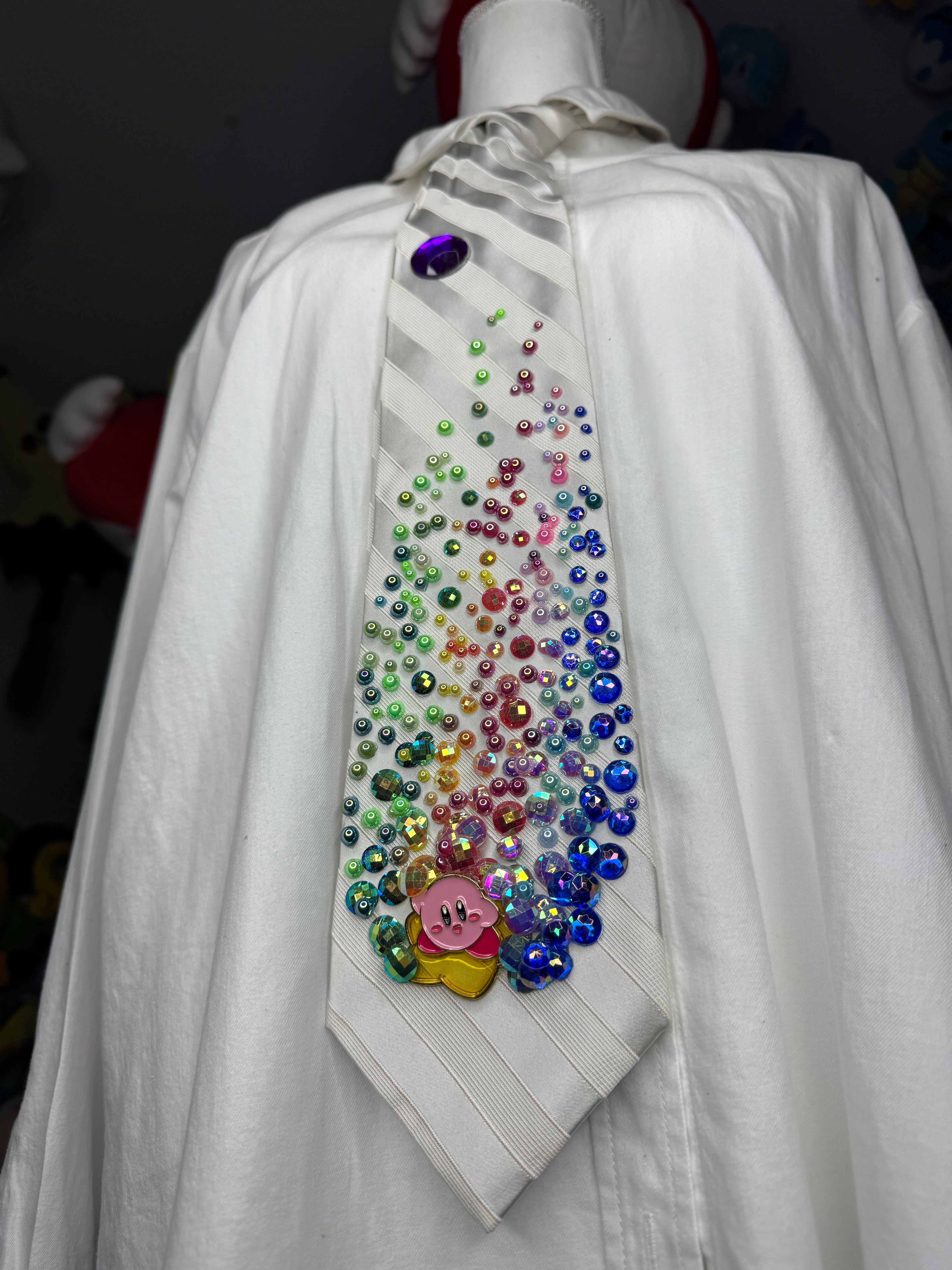White Striped Kirby on Star Leaving Rainbow Stardust Anime Tie