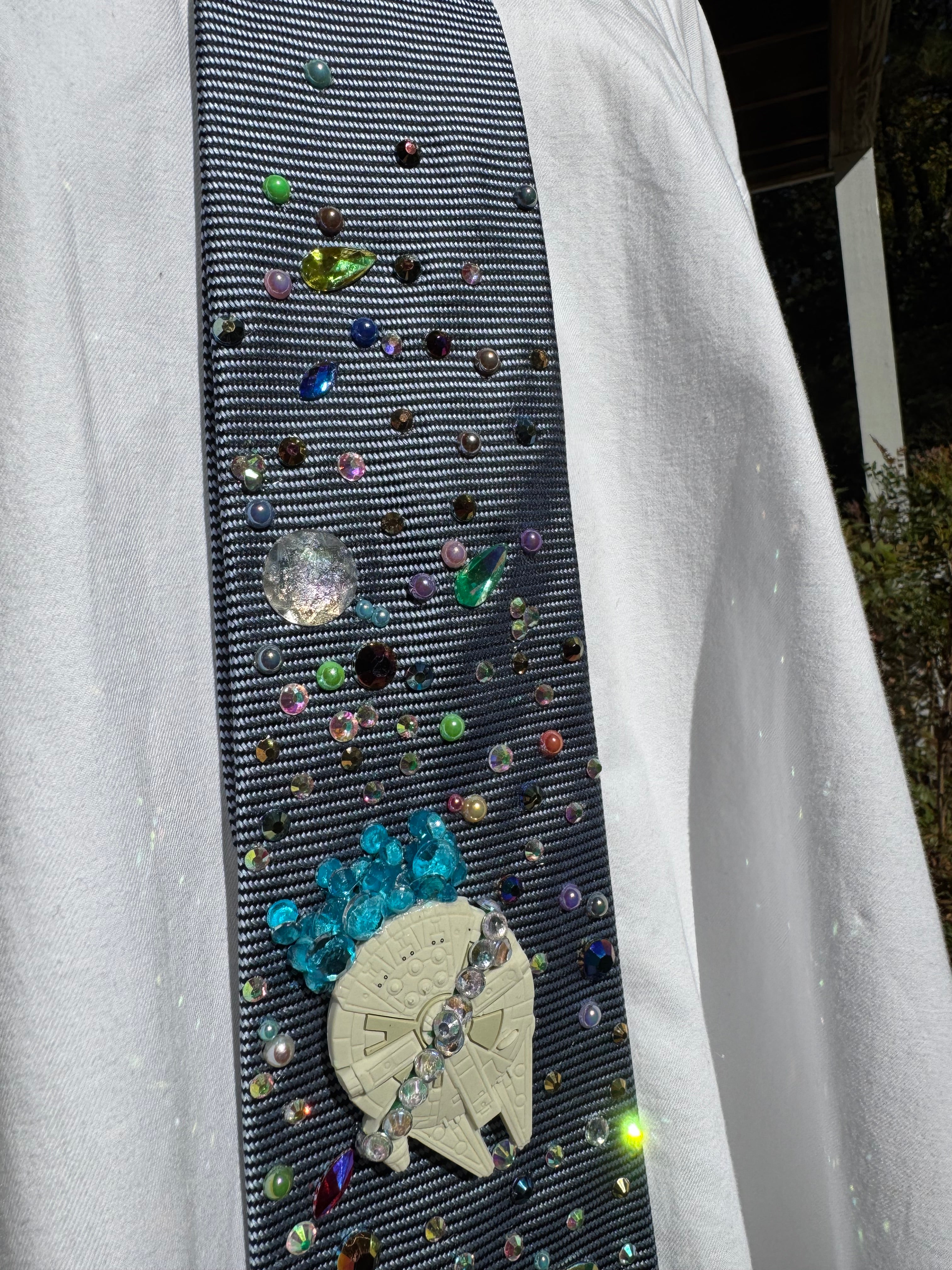 Blue Millineium Falcon Flying Through Space Star Wars Tie