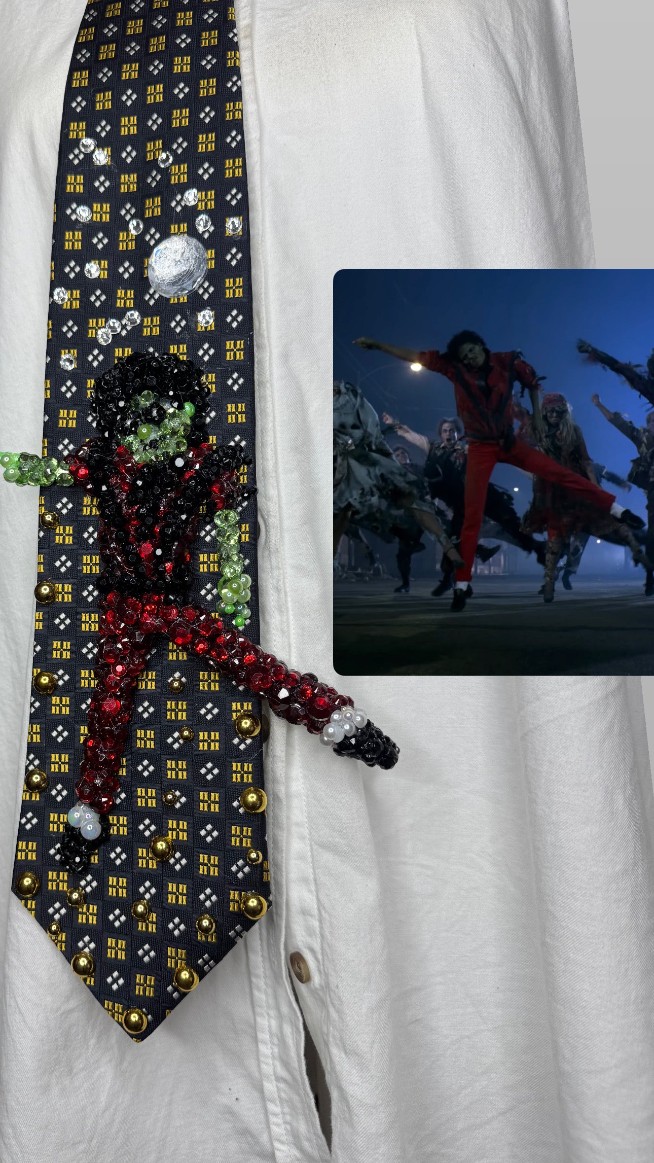 Black Michael Jackson Hitting Arm and Leg Star Jump Move in Thriller Music Video Tie