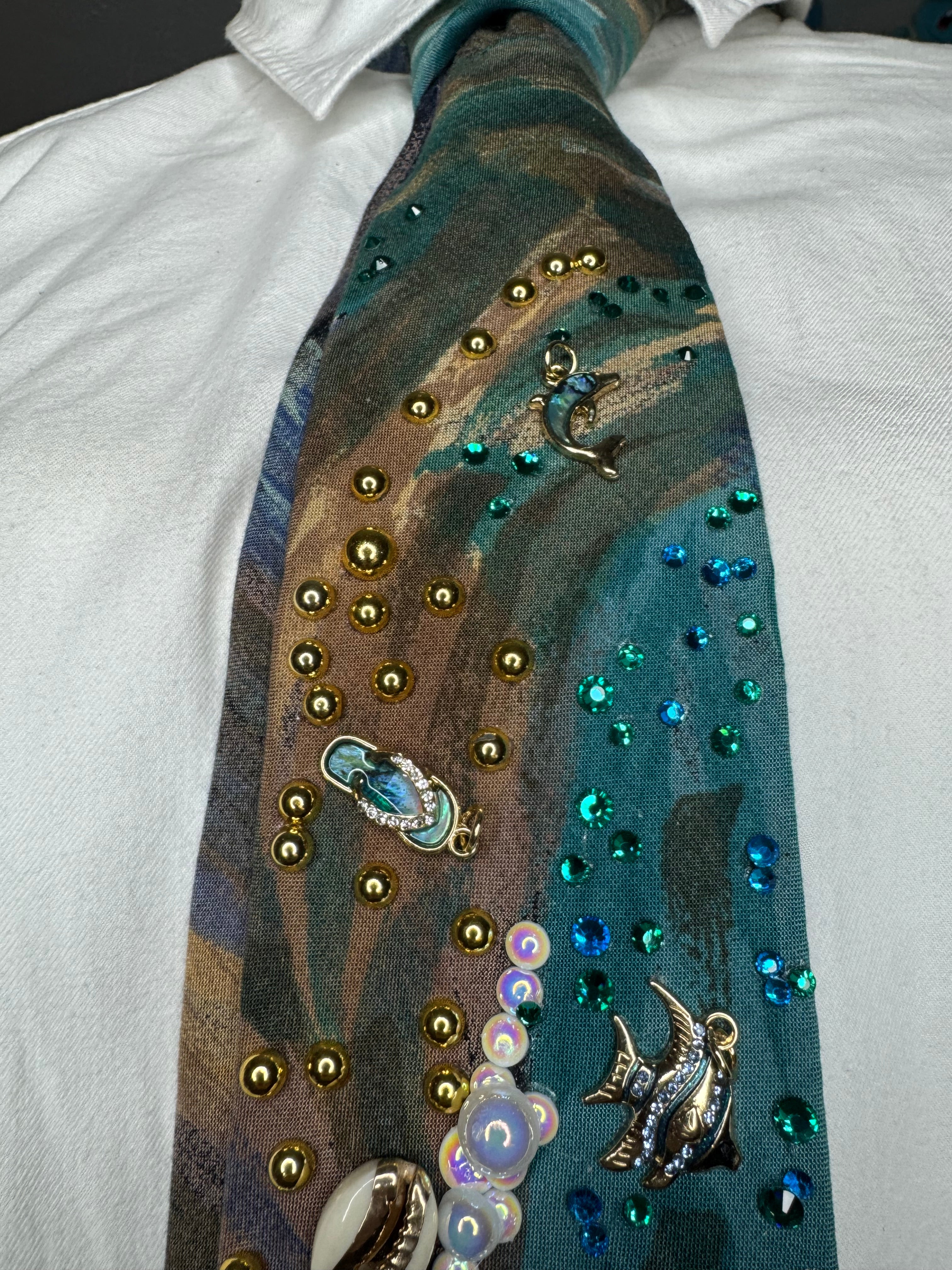 Marbled Turquoise and Gold Ocean Floor Royalty Nature Tie