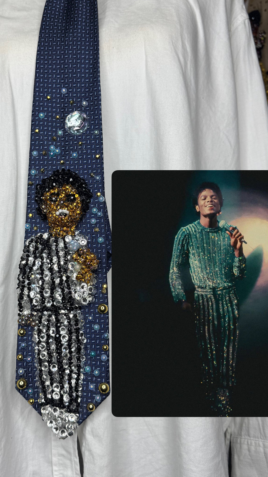 Navy Blue Michael Jackson Singing Mic in Hand Rock with You Music Video
