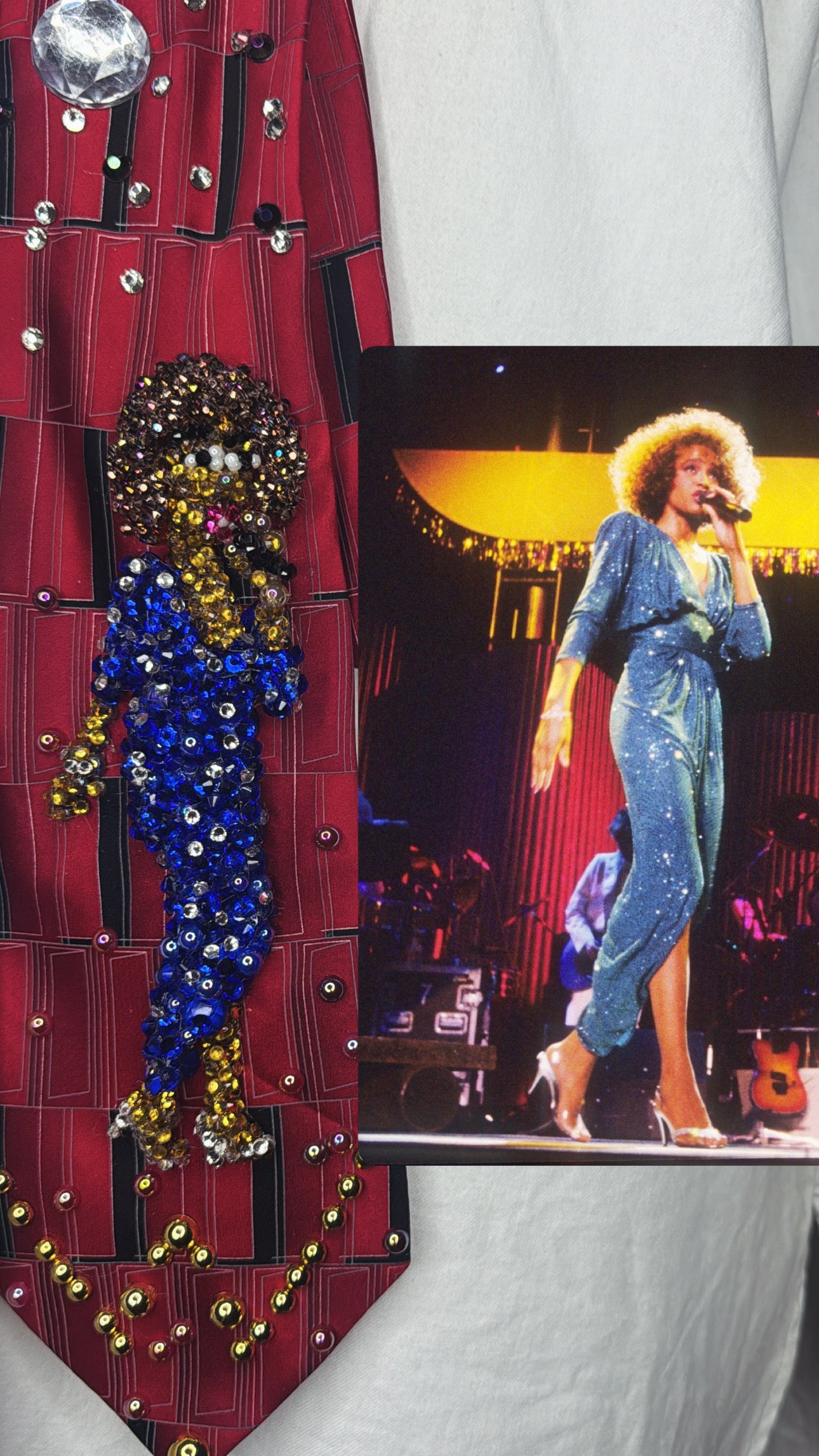 Red Whitney Houston in Full Shiny Blue Dress & Crystal High Heels Singing Live Tie