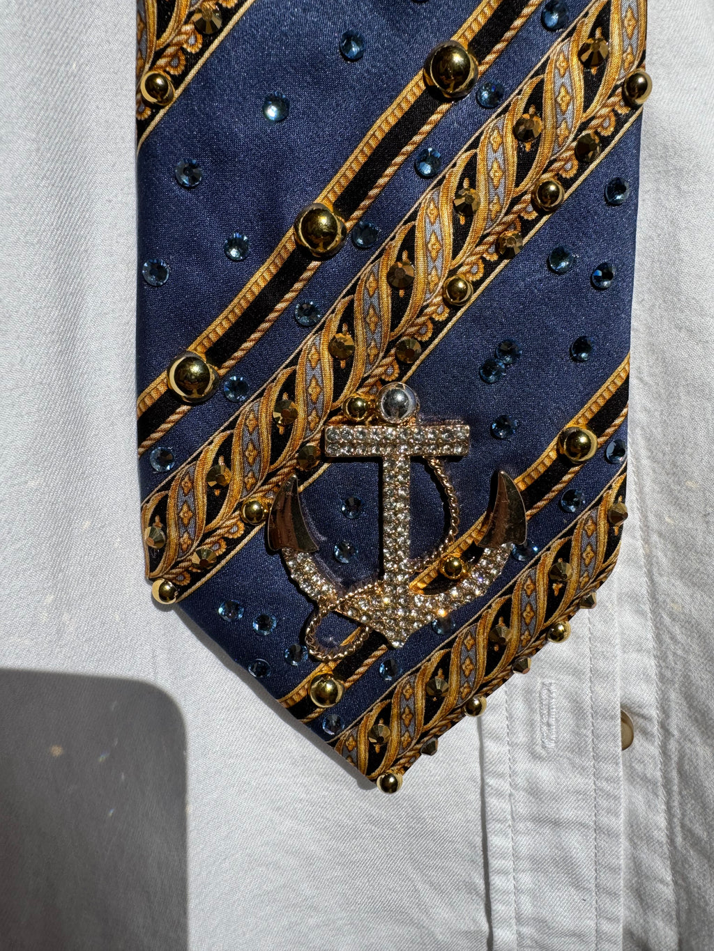 Navy Blue and Gold Striped High Class Royalty Anchored Nautical Tie
