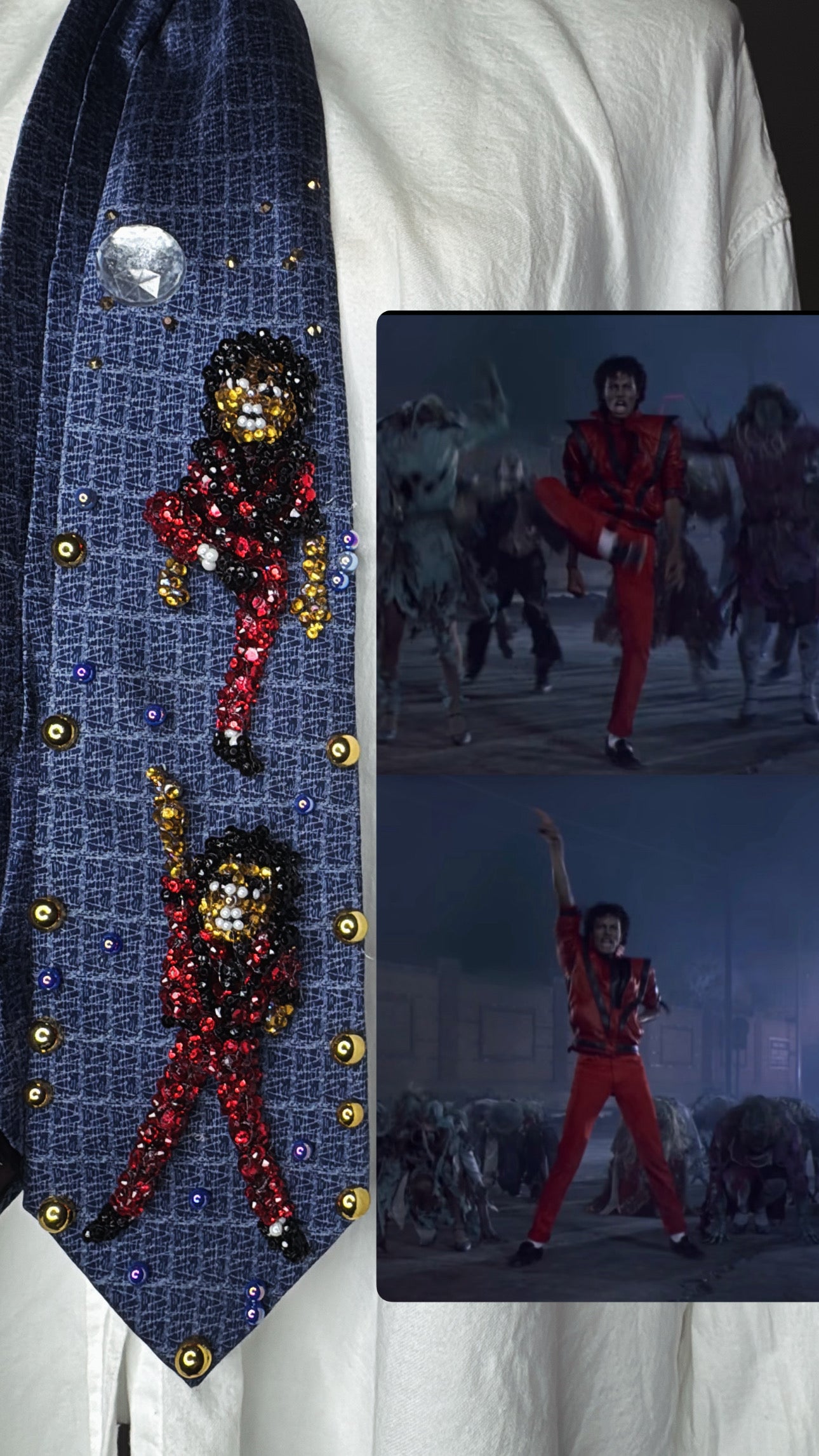 Navy Blue Michael Jackson Kick into Pointing Up Double Dance Scene From Thriller Short Film Tie