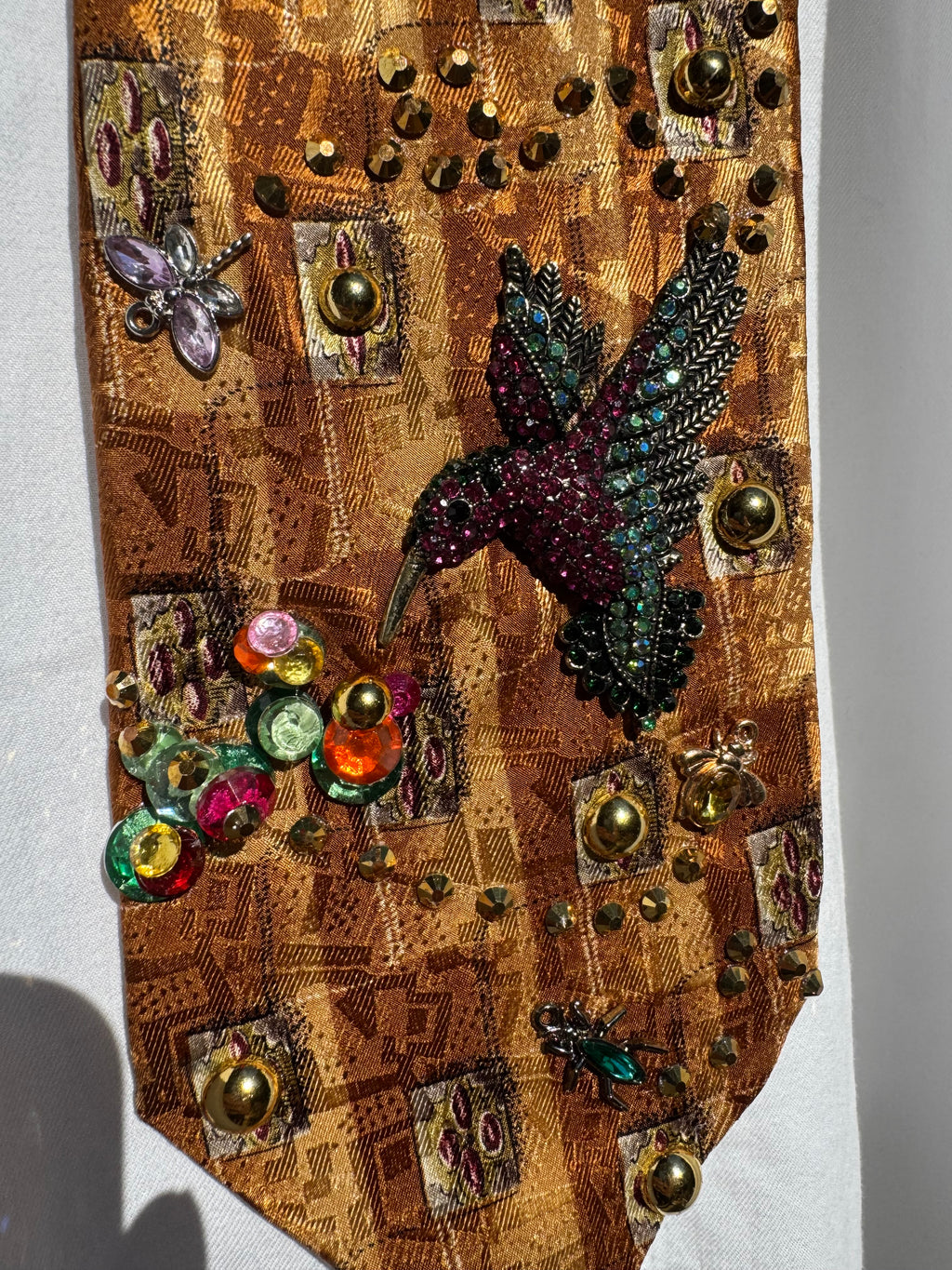 Gold Tree Bark Humming Bird and Insects Nature Royalty Tie