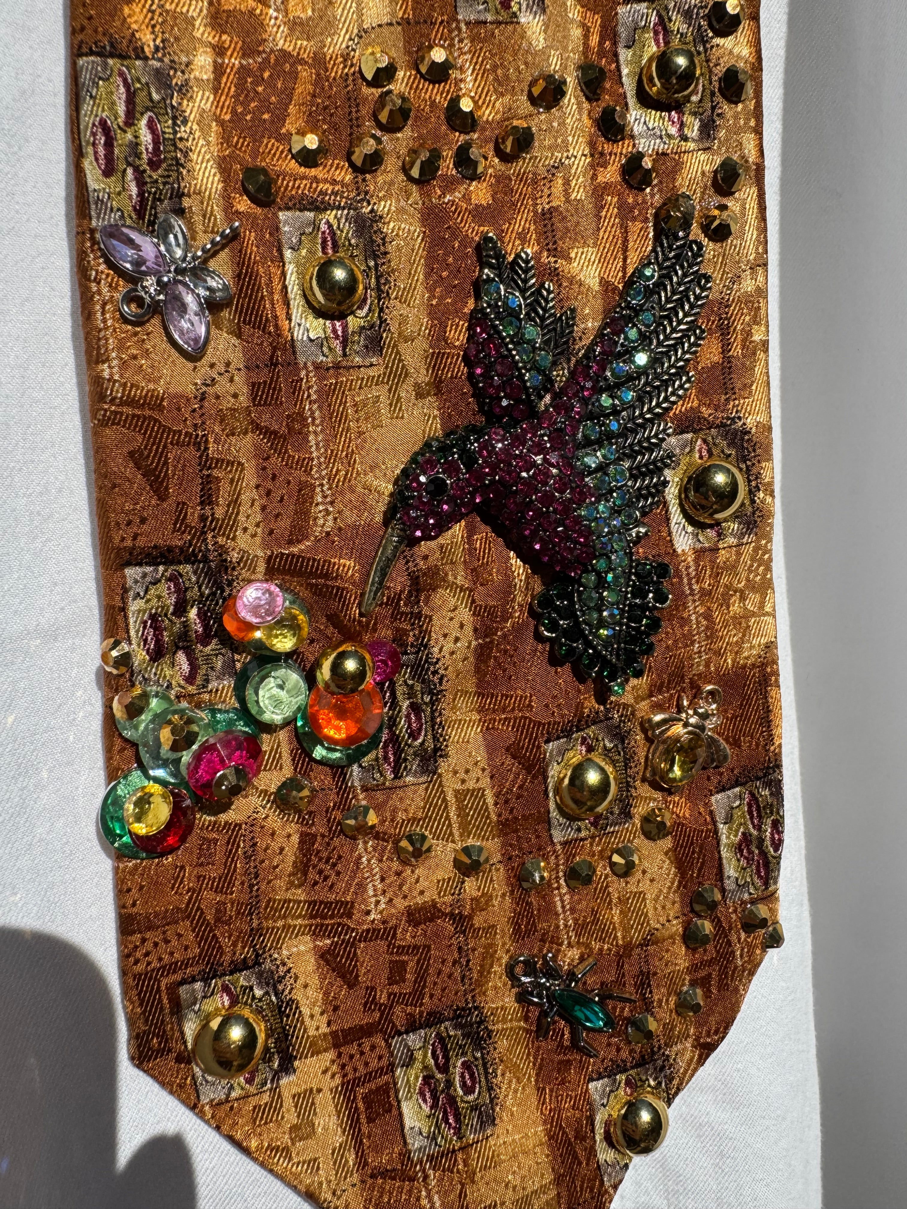 Gold Tree Bark Humming Bird and Insects Nature Royalty Tie