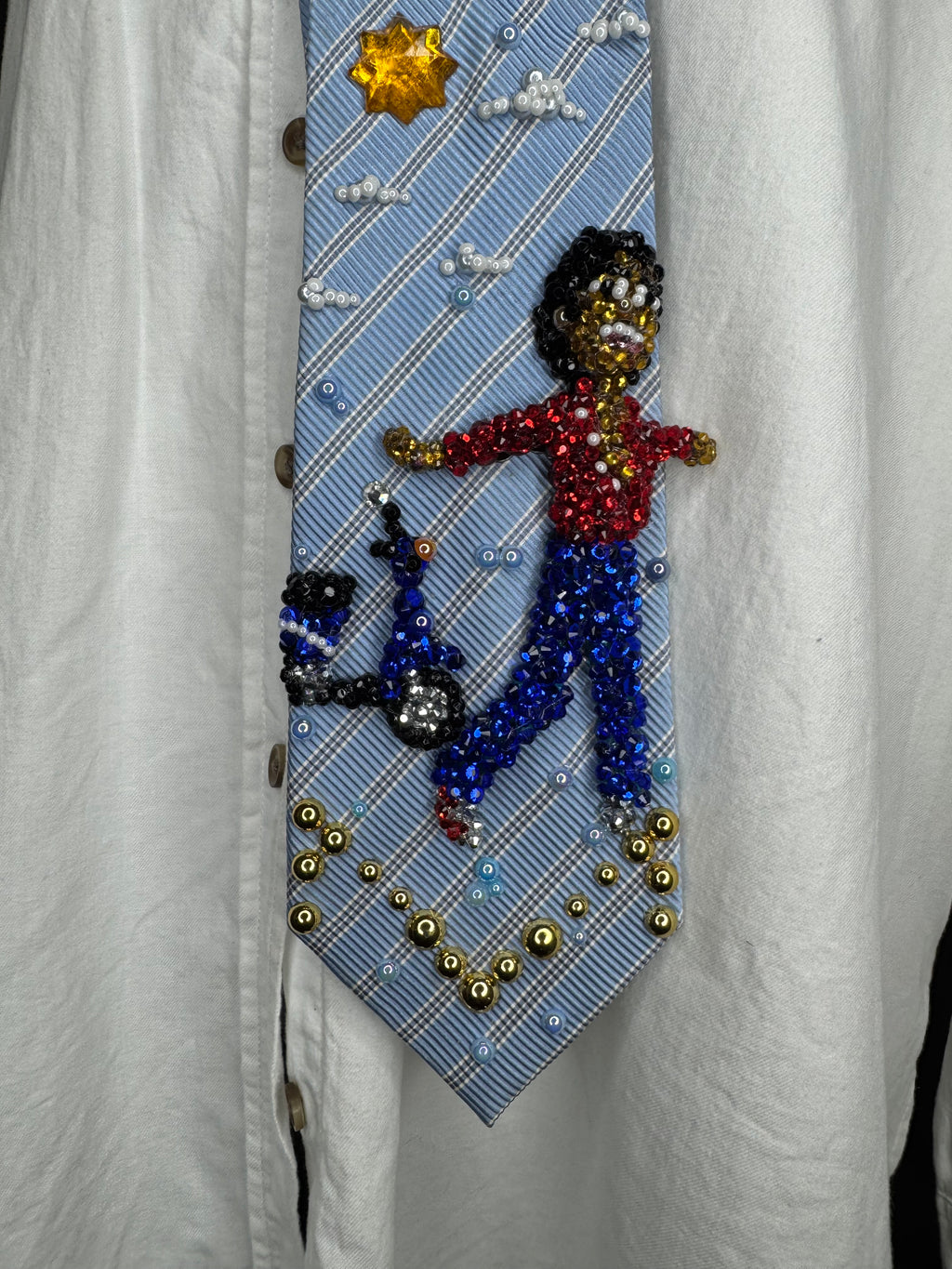 Light Blue Striped Michael Jackson Happy Pose In Suzuki “Love” Scooter Japan Commercial 1979 Tie