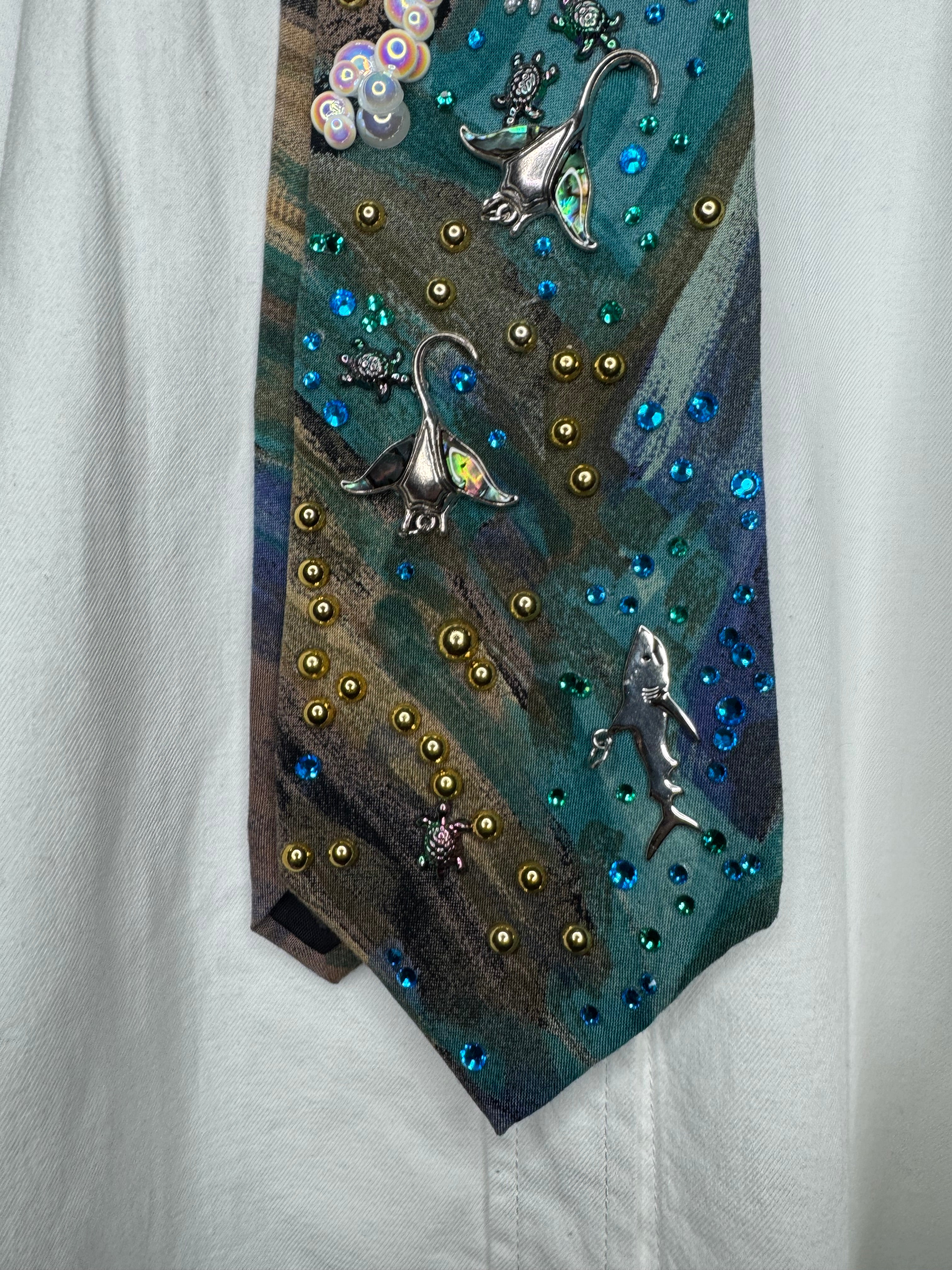 Marbled Turquoise and Gold Ocean Floor Royalty Nature Tie