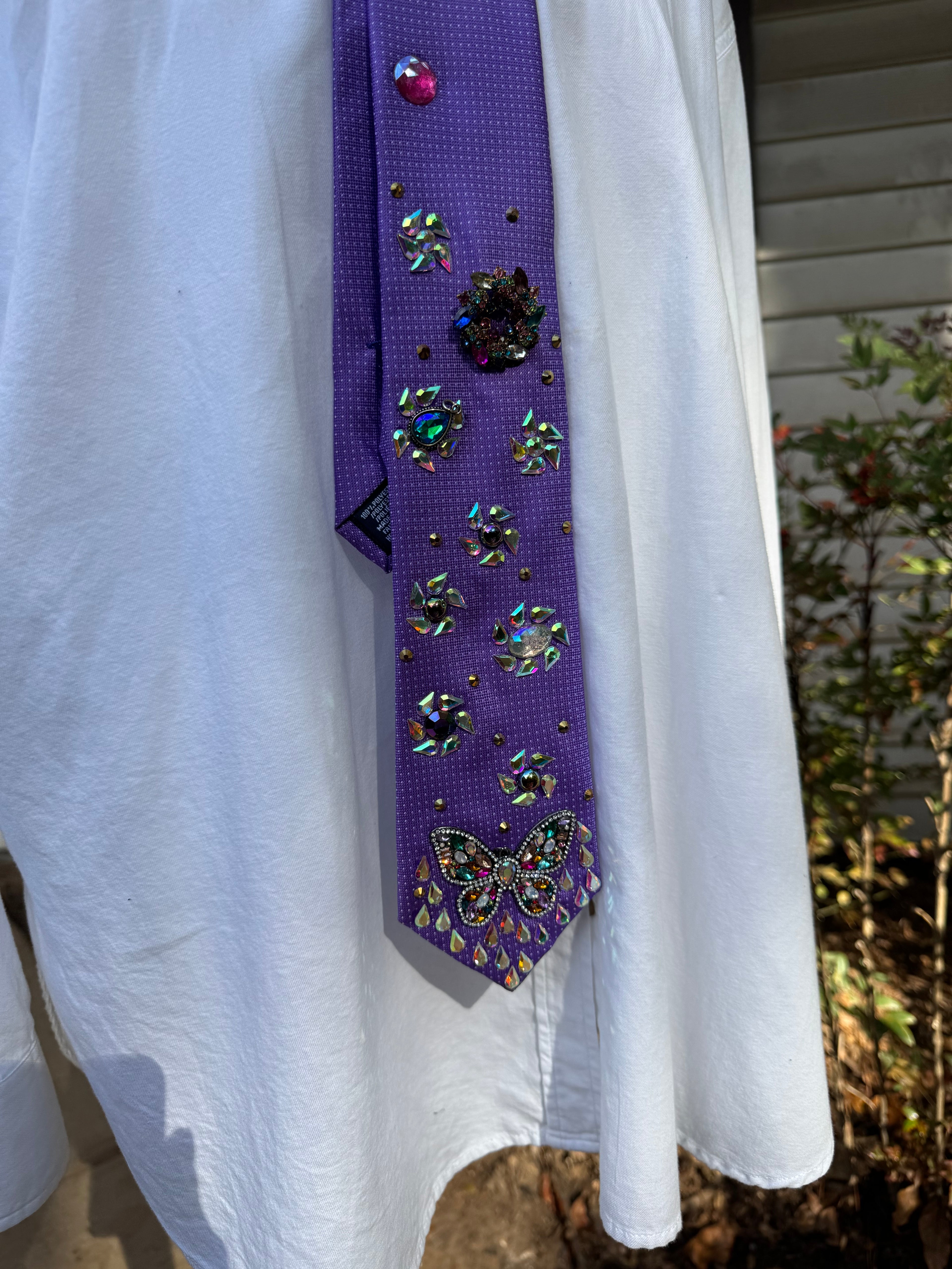 Purple Colorful Butterfly and Iridescent Flowers Nature Royalty Tie