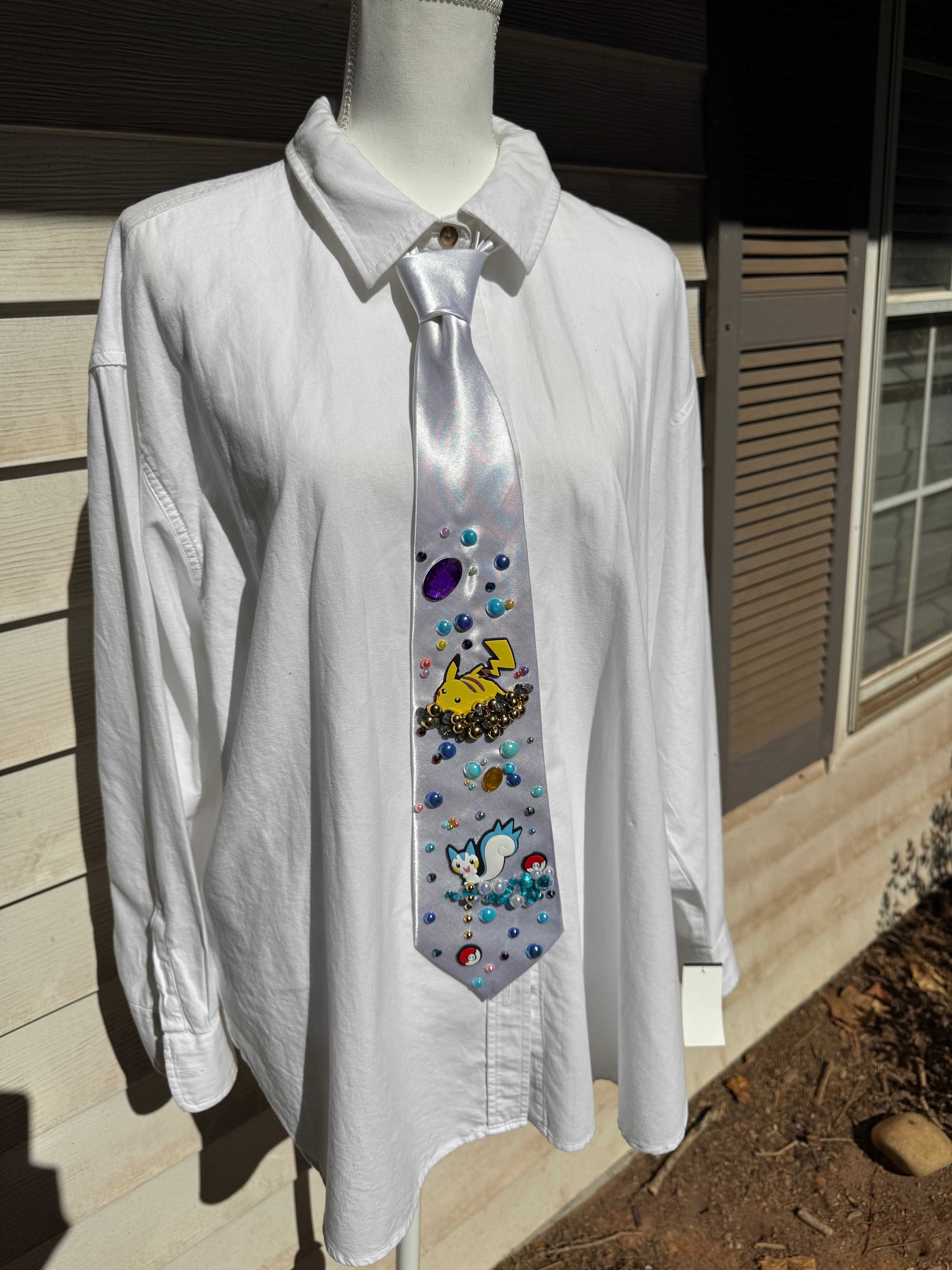 White Silk Pikachu and Pachirshu Playing on Pearl Clouds Pokemon Anime Tie
