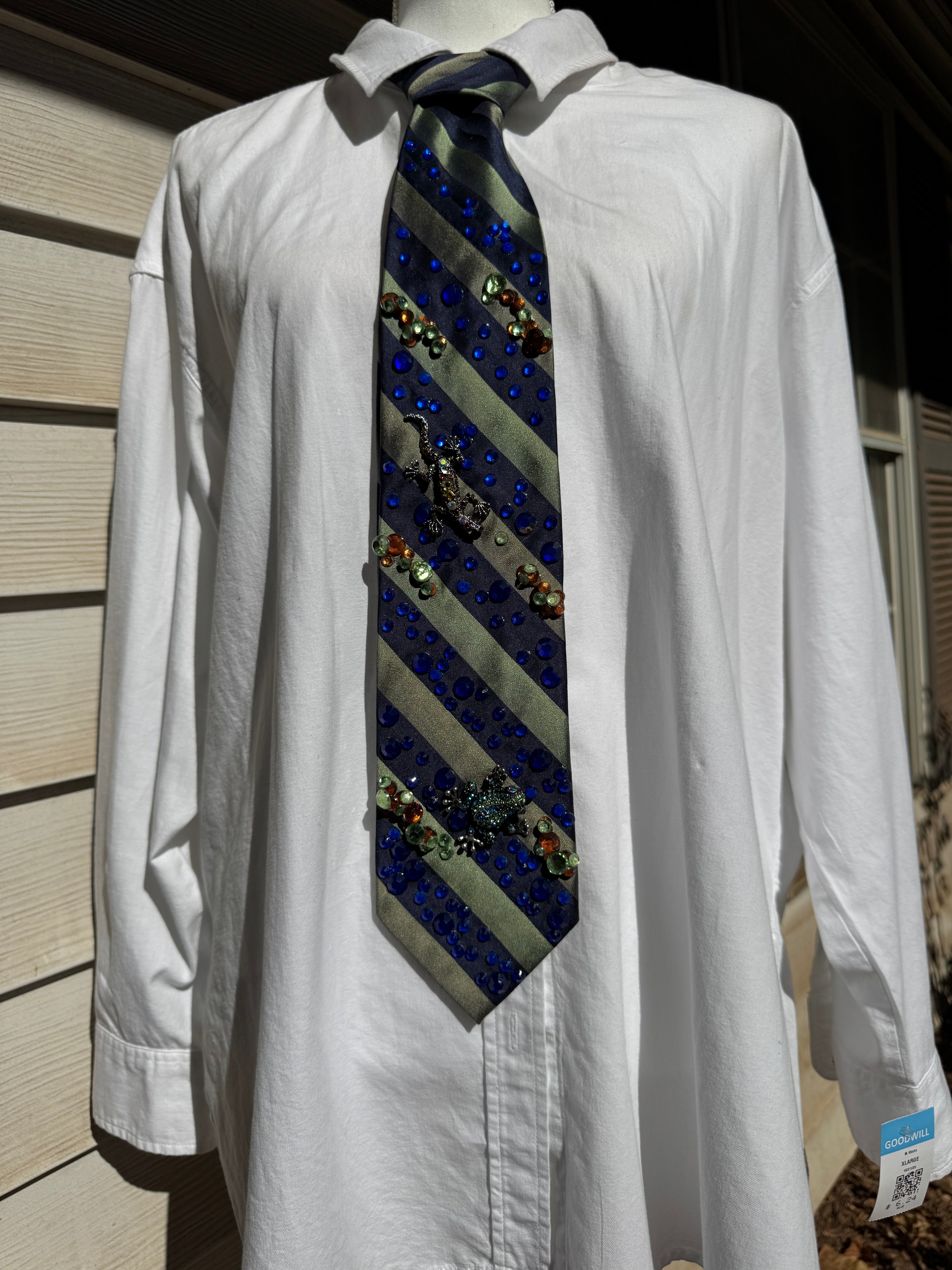 Navy Blue and Army Green Striped Reptilian Swamp Nature Tie