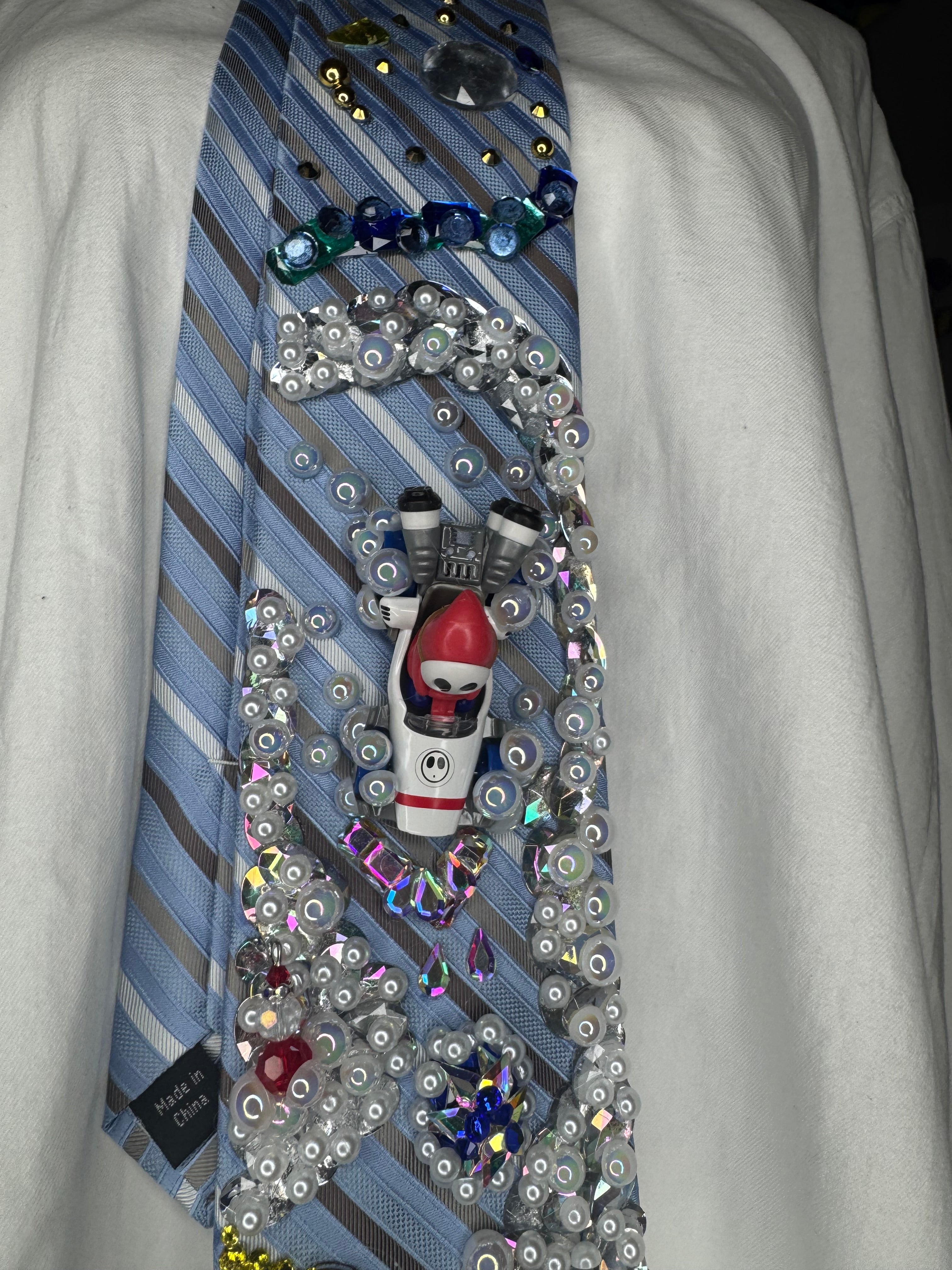 Light Blue Striped Shy Guy Throwing Blue Shell Down Snowy Slopes Road 200cc Mario Kart Tie