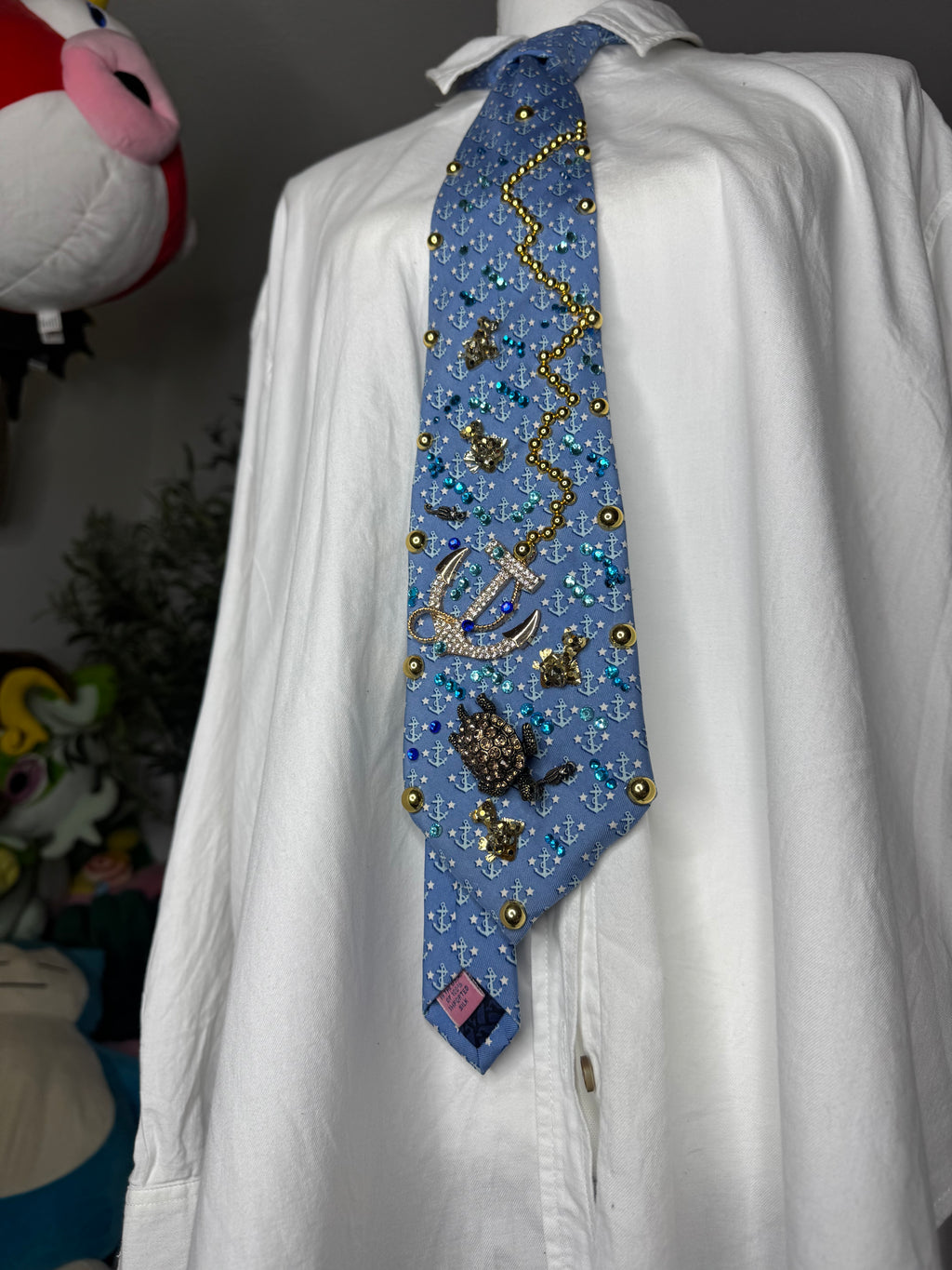 Light Blue Anchor Print Ocean Floor Diamond Anchor Nautical Royalty Tie