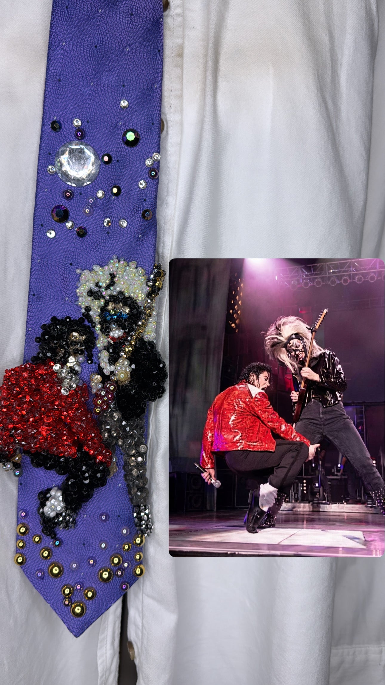 Electric Purple Michael Jackson Hanging Onto Jennifer Batten’s Leg During Eddie Van Halen Guitar Solo For Beat It HIStory Tour 1987 Tie