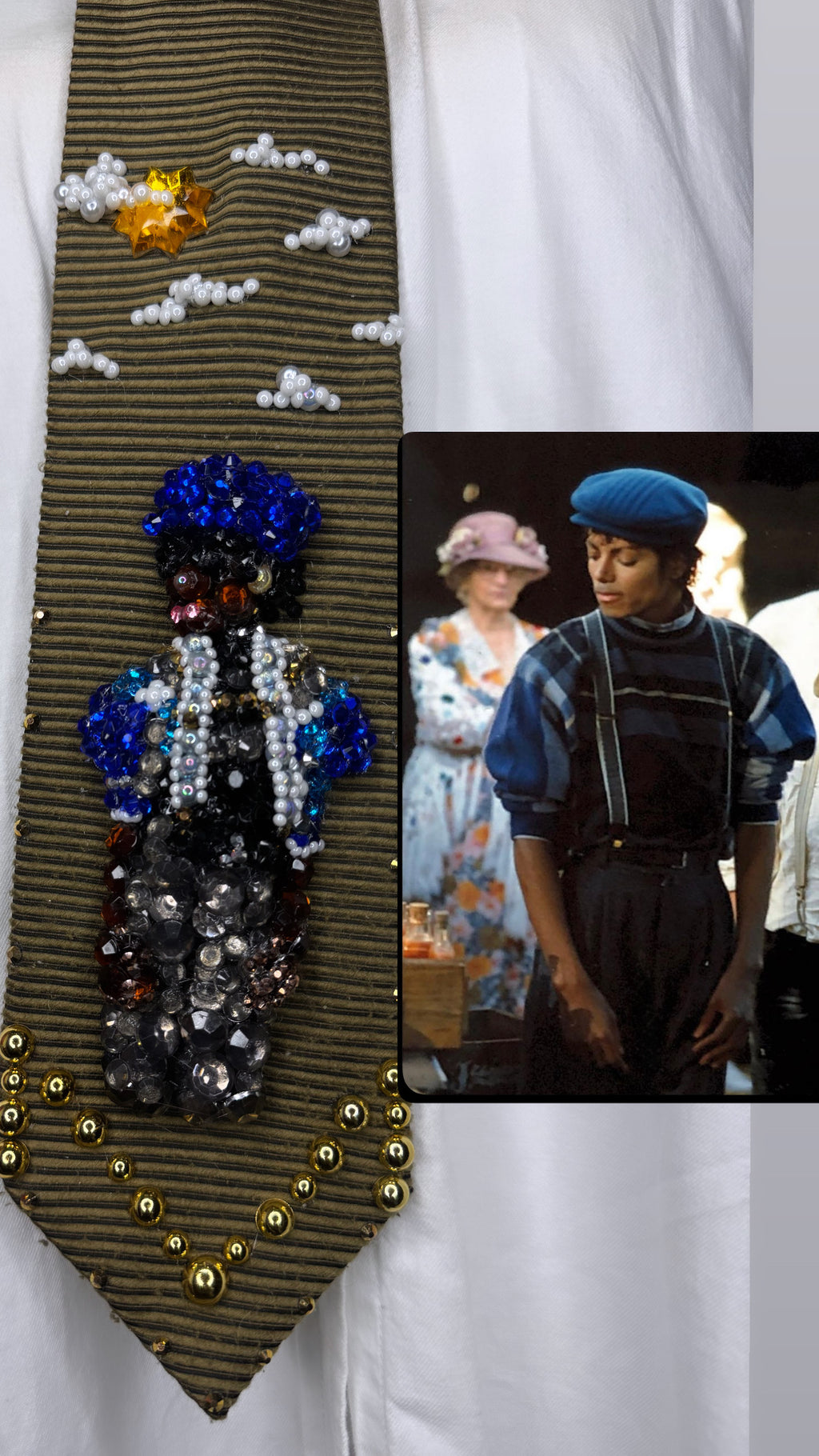 Gold Michael Jackson in Royal Blue Plaid Shirt and Beret Hat for “Say Say Say” Music Video Tie
