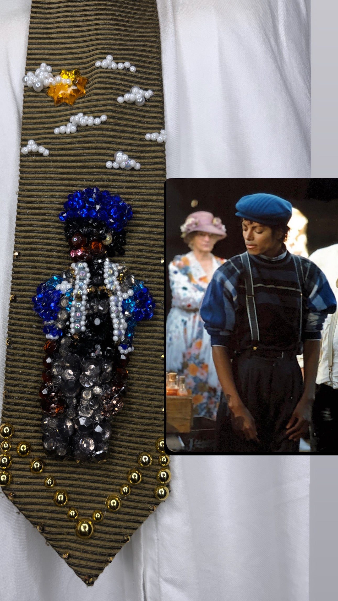 Gold Michael Jackson in Royal Blue Plaid Shirt and Beret Hat for “Say Say Say” Music Video Tie
